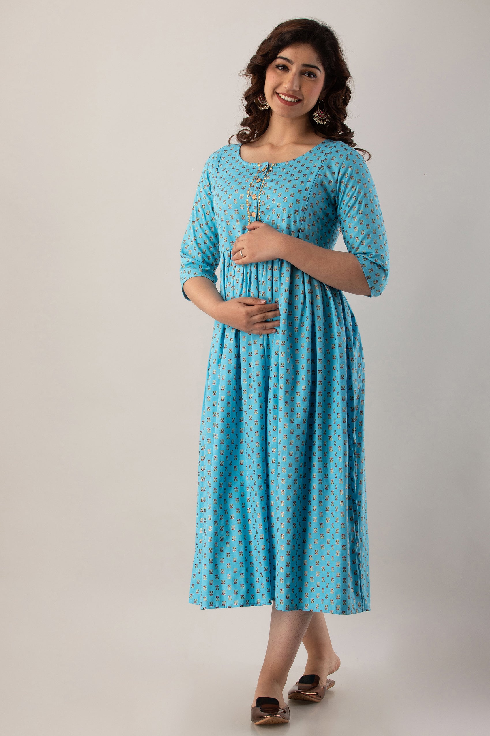 Sky Blue Small Motif Printed Cotton Maternity Dress | Soft & Comfortable Pregnancy Wear - HENAL