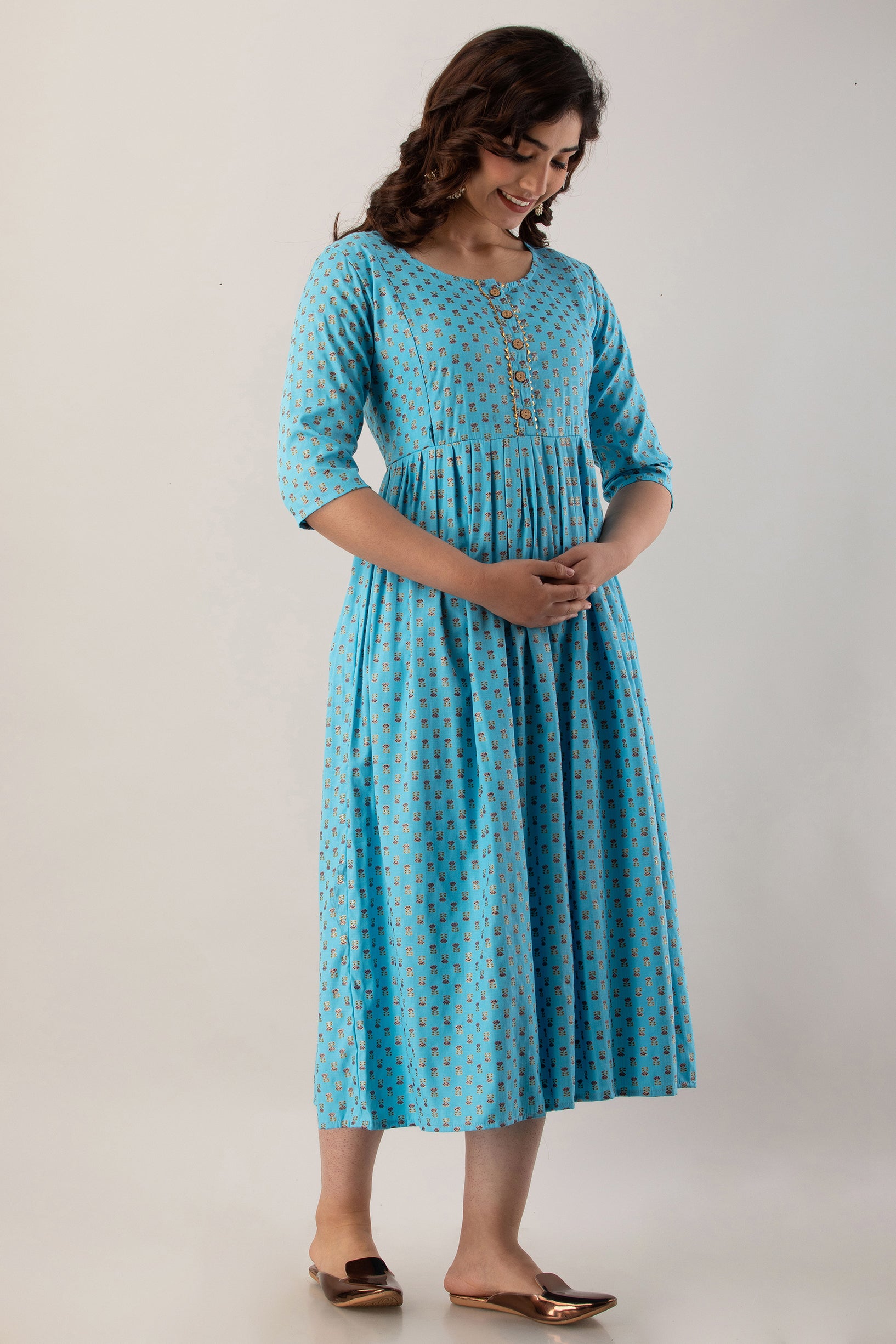Sky Blue Small Motif Printed Cotton Maternity Dress | Soft & Comfortable Pregnancy Wear - HENAL