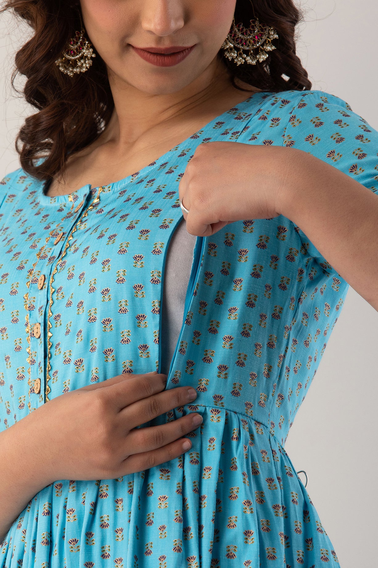 Sky Blue Small Motif Printed Cotton Maternity Dress | Soft & Comfortable Pregnancy Wear - HENAL