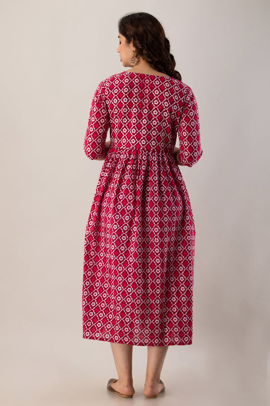 Maroon Geometric Printed Cotton Maternity Dress | Soft & Comfortable Pregnancy Wear - HENAL