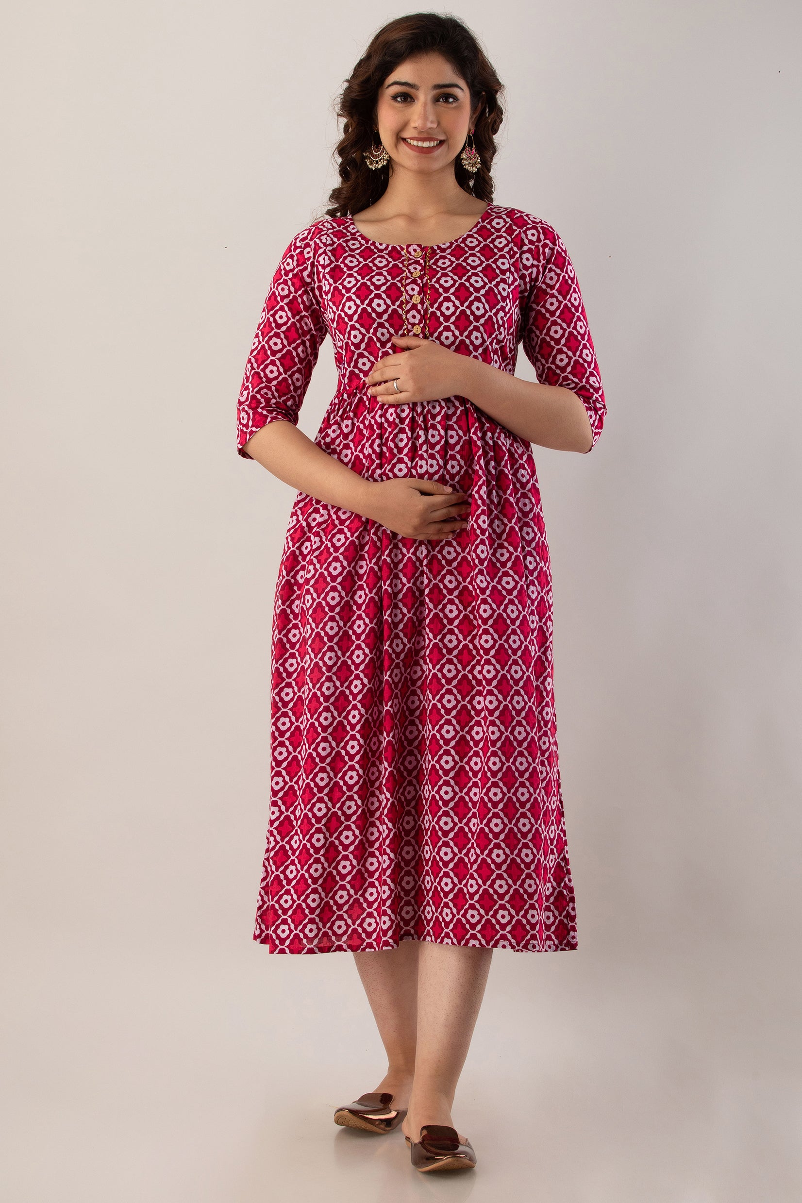 Maroon Geometric Printed Cotton Maternity Dress | Soft & Comfortable Pregnancy Wear - HENAL