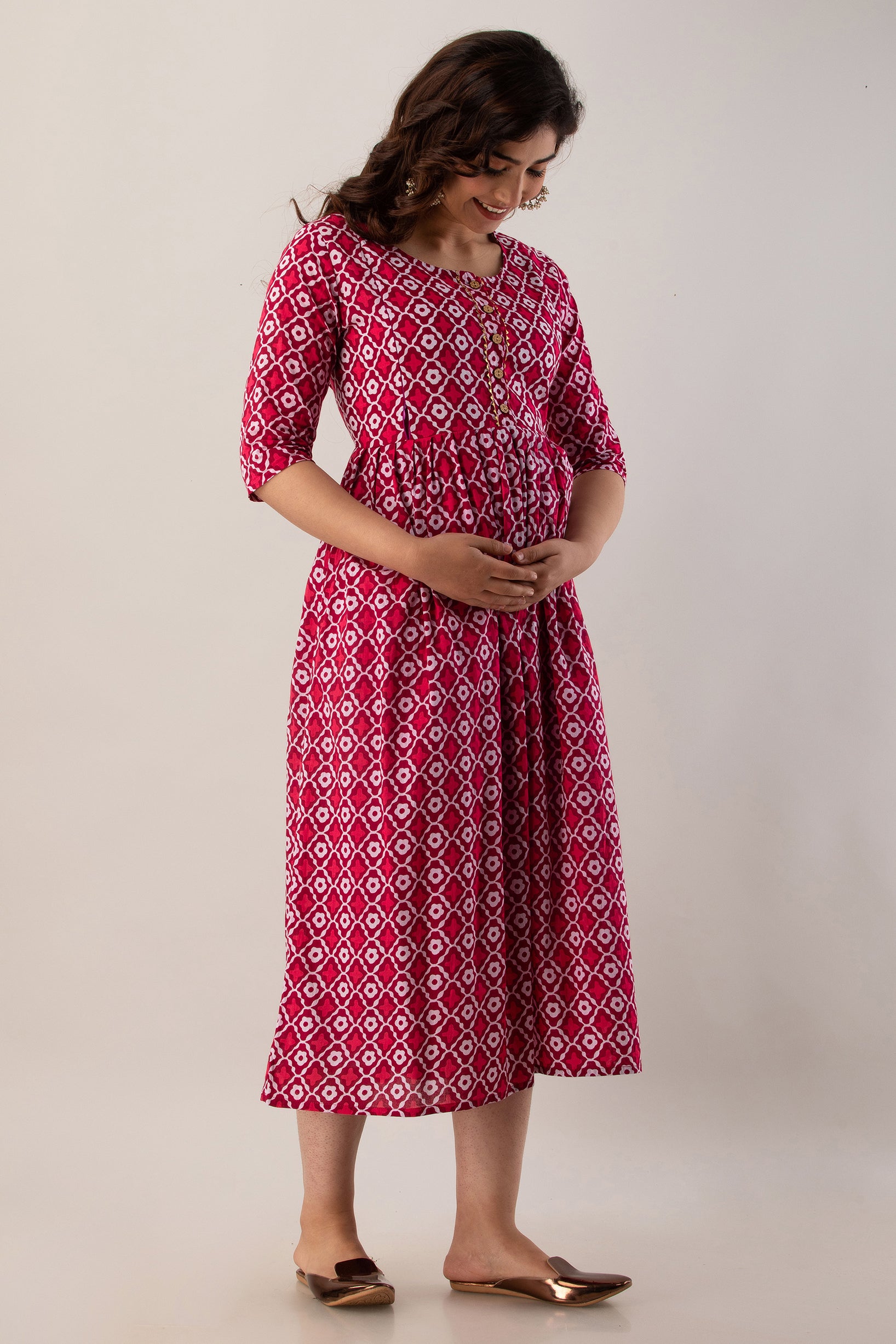 Maroon Geometric Printed Cotton Maternity Dress | Soft & Comfortable Pregnancy Wear - HENAL