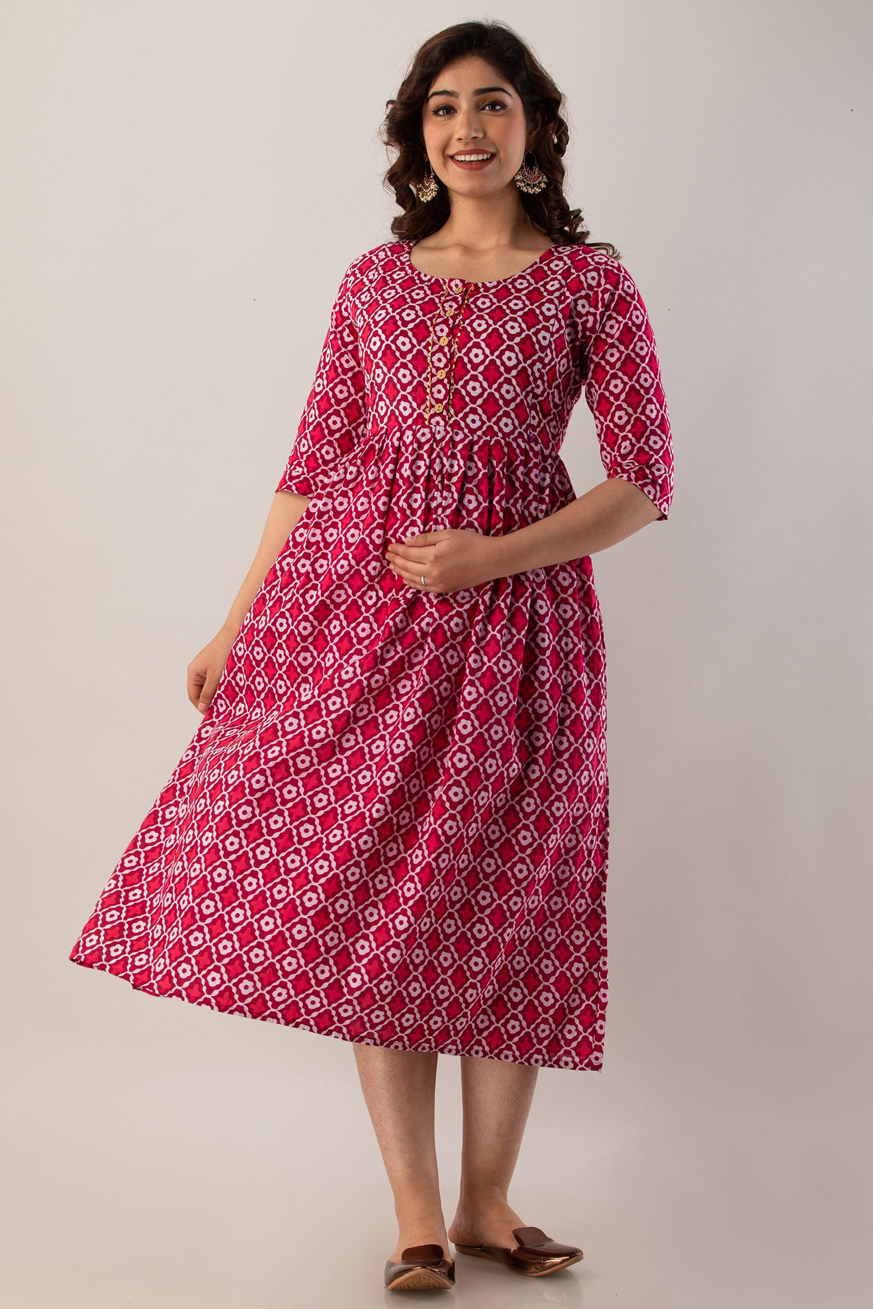 Maroon Geometric Printed Cotton Maternity Dress | Soft & Comfortable Pregnancy Wear - HENAL
