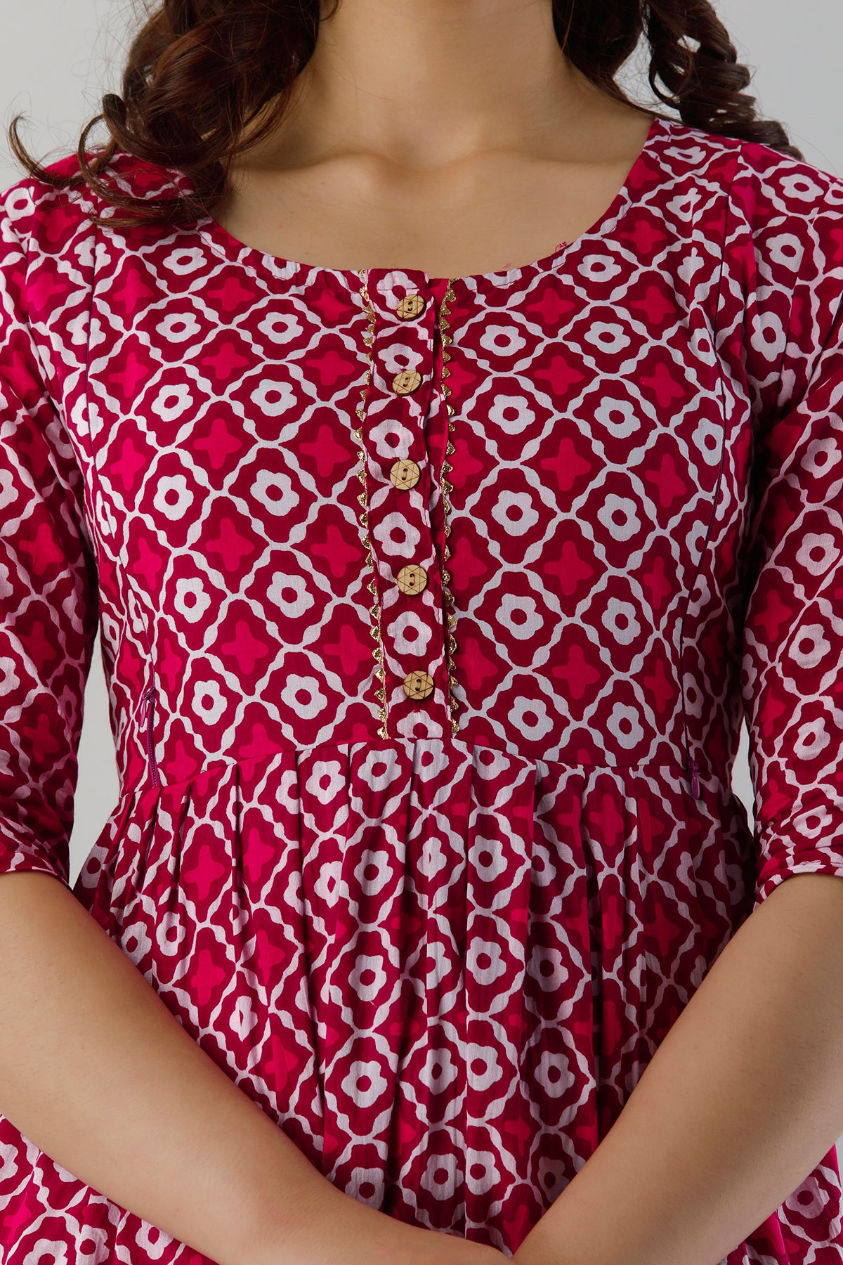 Maroon Geometric Printed Cotton Maternity Dress | Soft & Comfortable Pregnancy Wear - HENAL