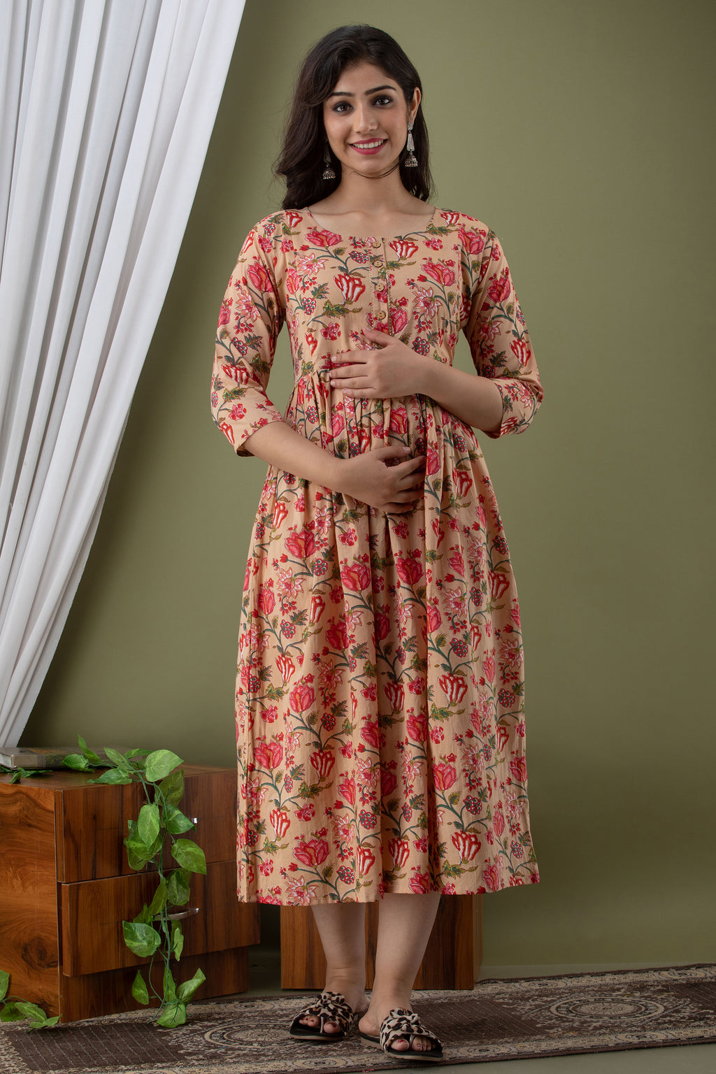 Beige Fit & Flare Midi Maternity Dress