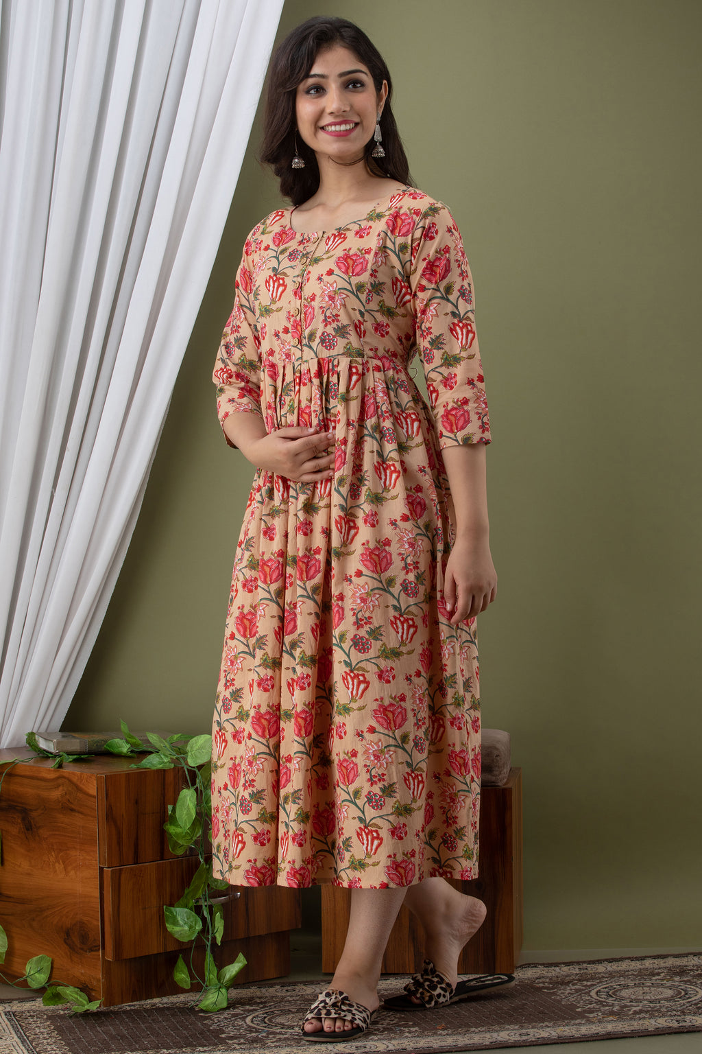 Beige Fit & Flare Midi Maternity Dress