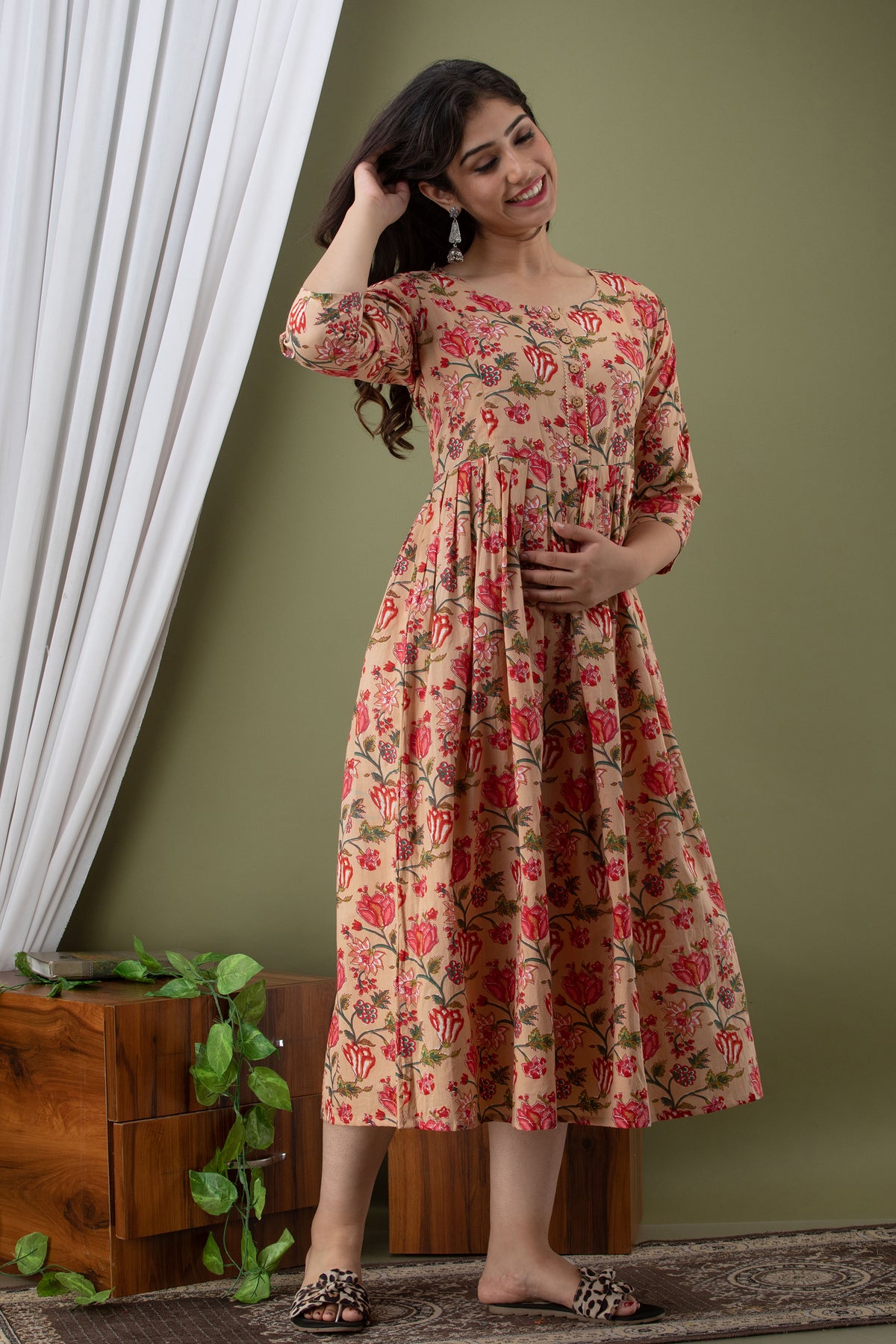 Beige Fit & Flare Midi Maternity Dress