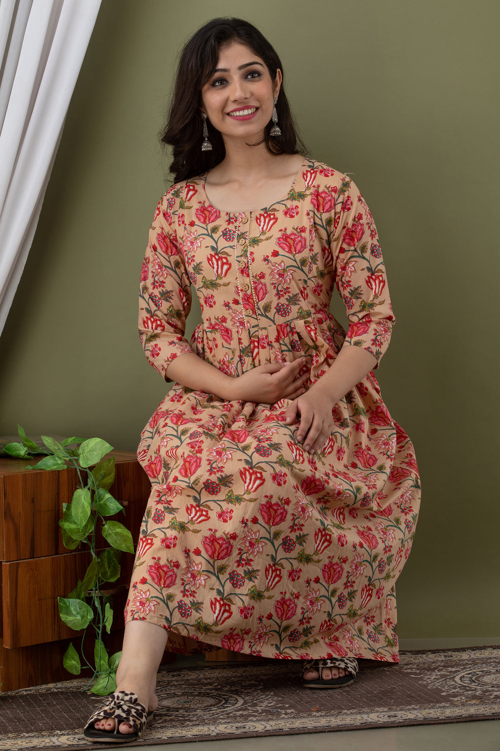 Beige Fit & Flare Midi Maternity Dress
