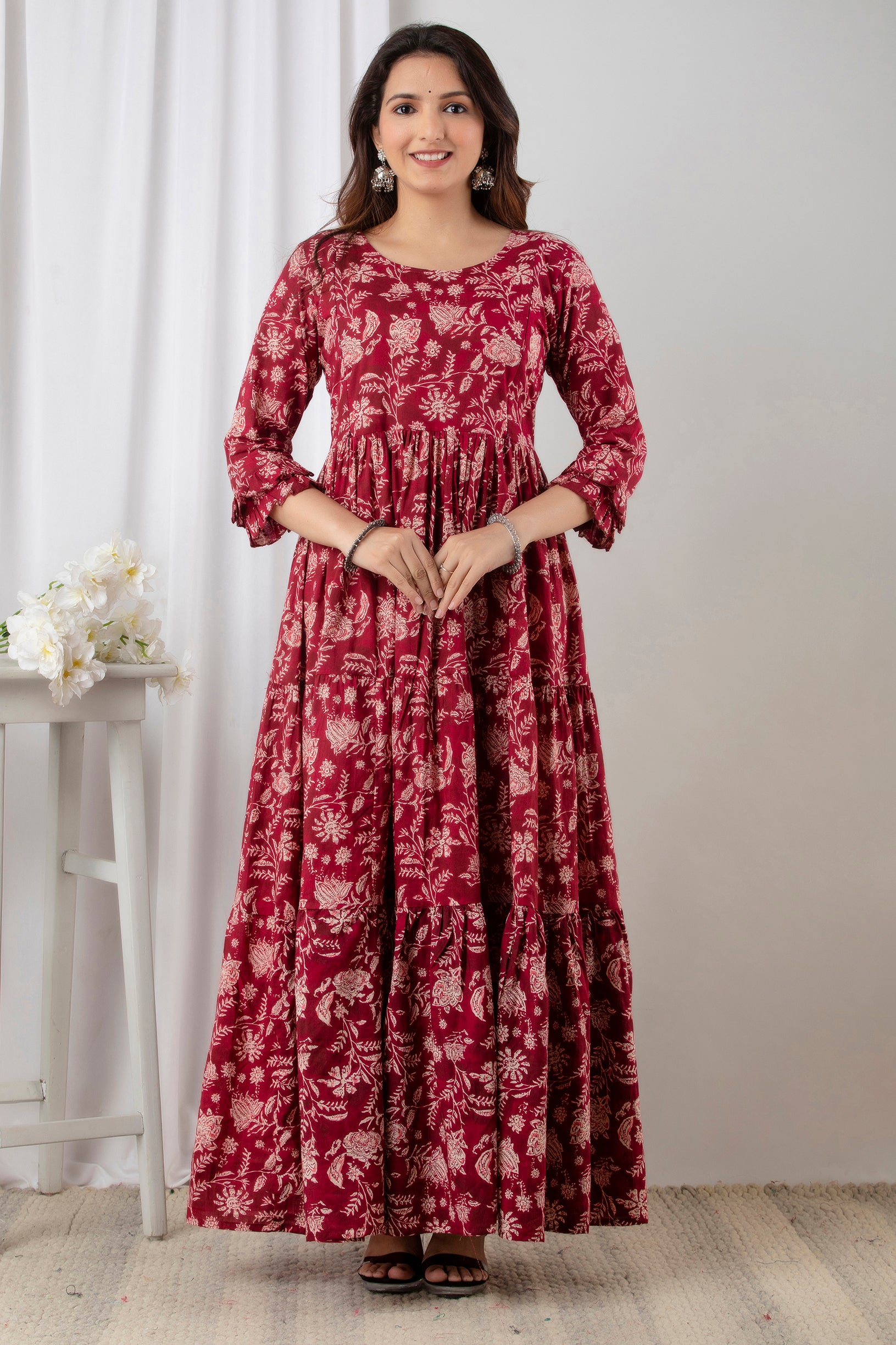 Maroon Floral Printed Cotton Maternity Anarkali Dress | Feeding Friendly | Comfortable Pregnancy Wear - HENAL