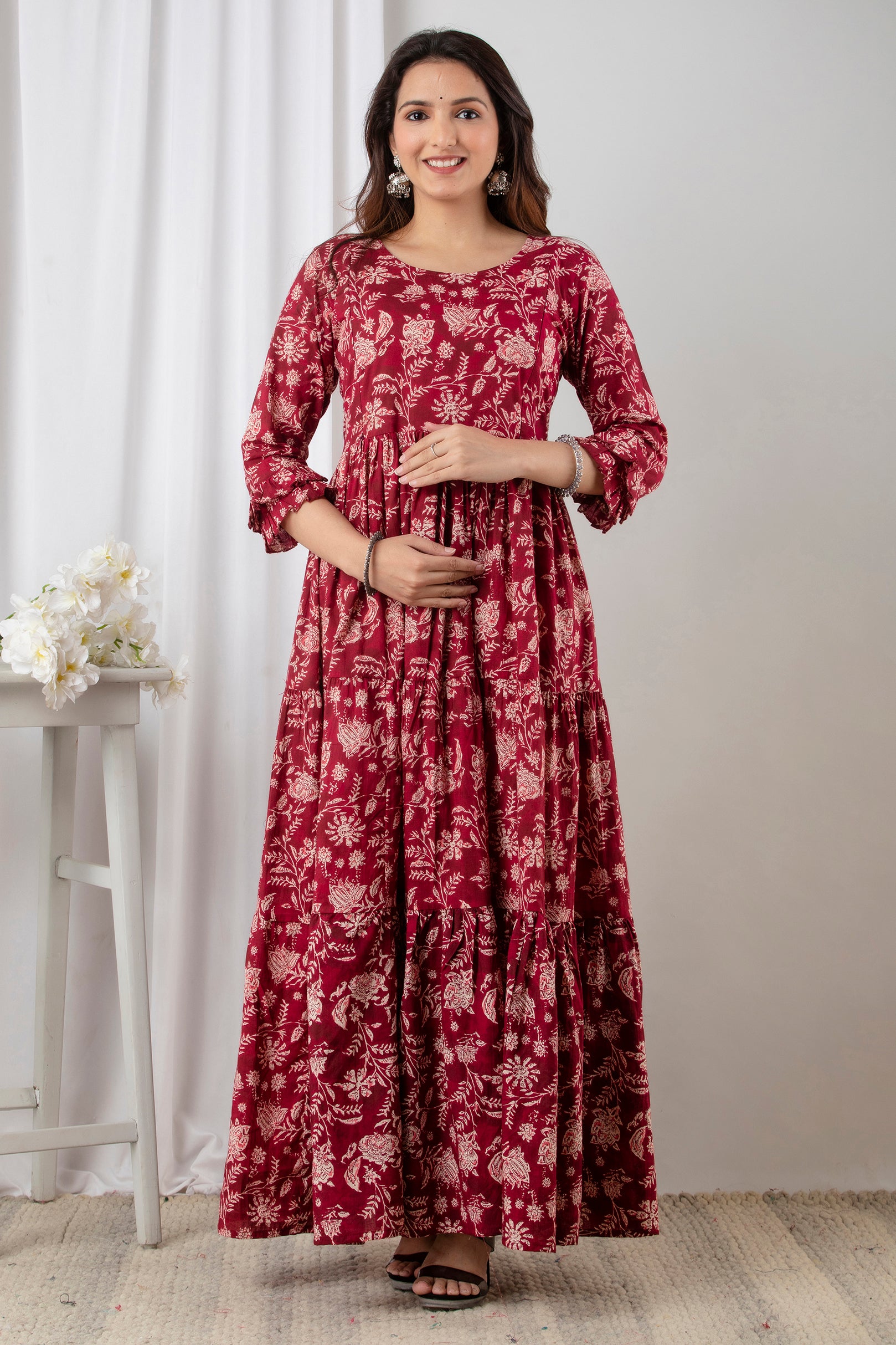 Maroon Floral Printed Cotton Maternity Anarkali Dress | Feeding Friendly | Comfortable Pregnancy Wear - HENAL