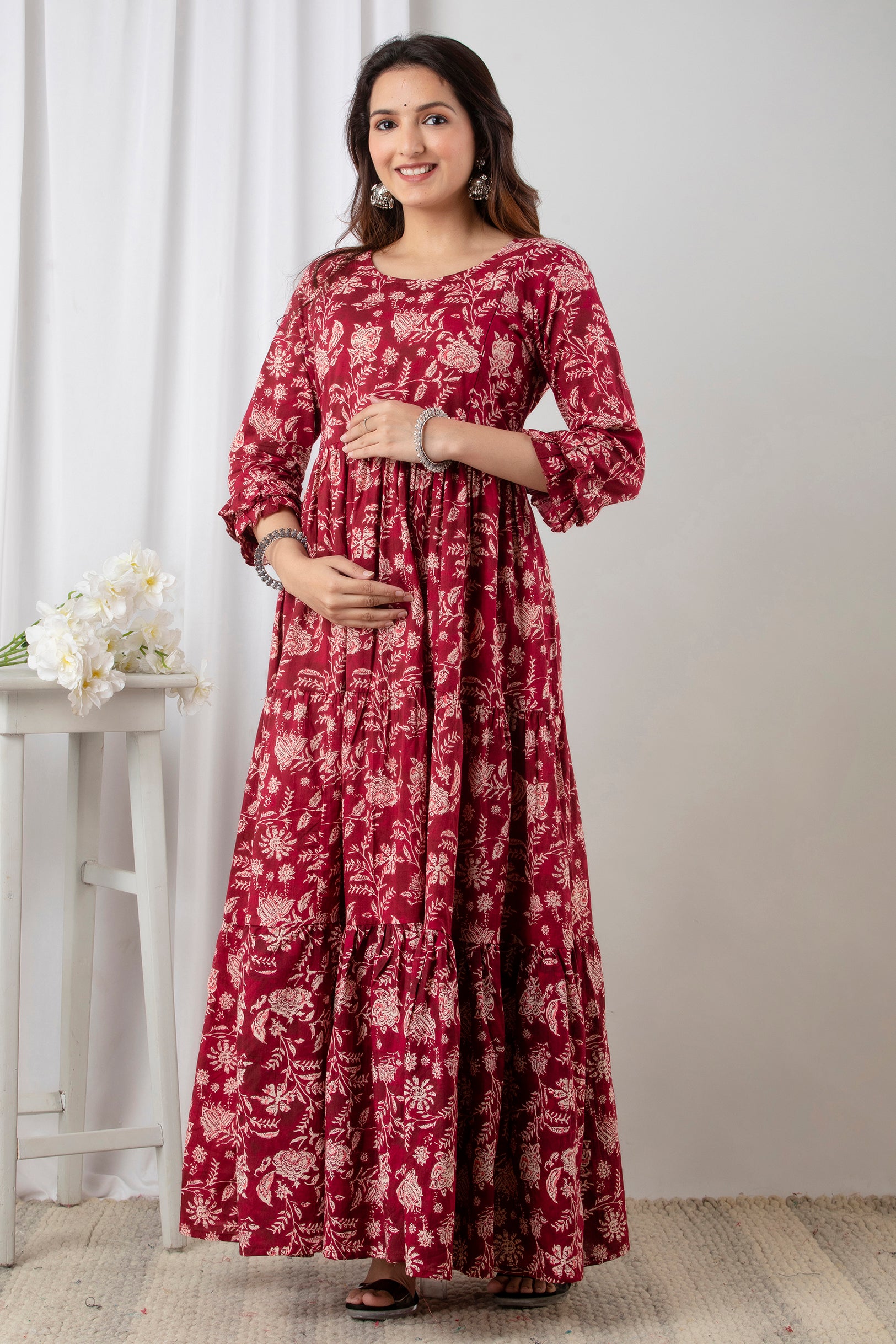 Maroon Floral Printed Cotton Maternity Anarkali Dress | Feeding Friendly | Comfortable Pregnancy Wear - HENAL