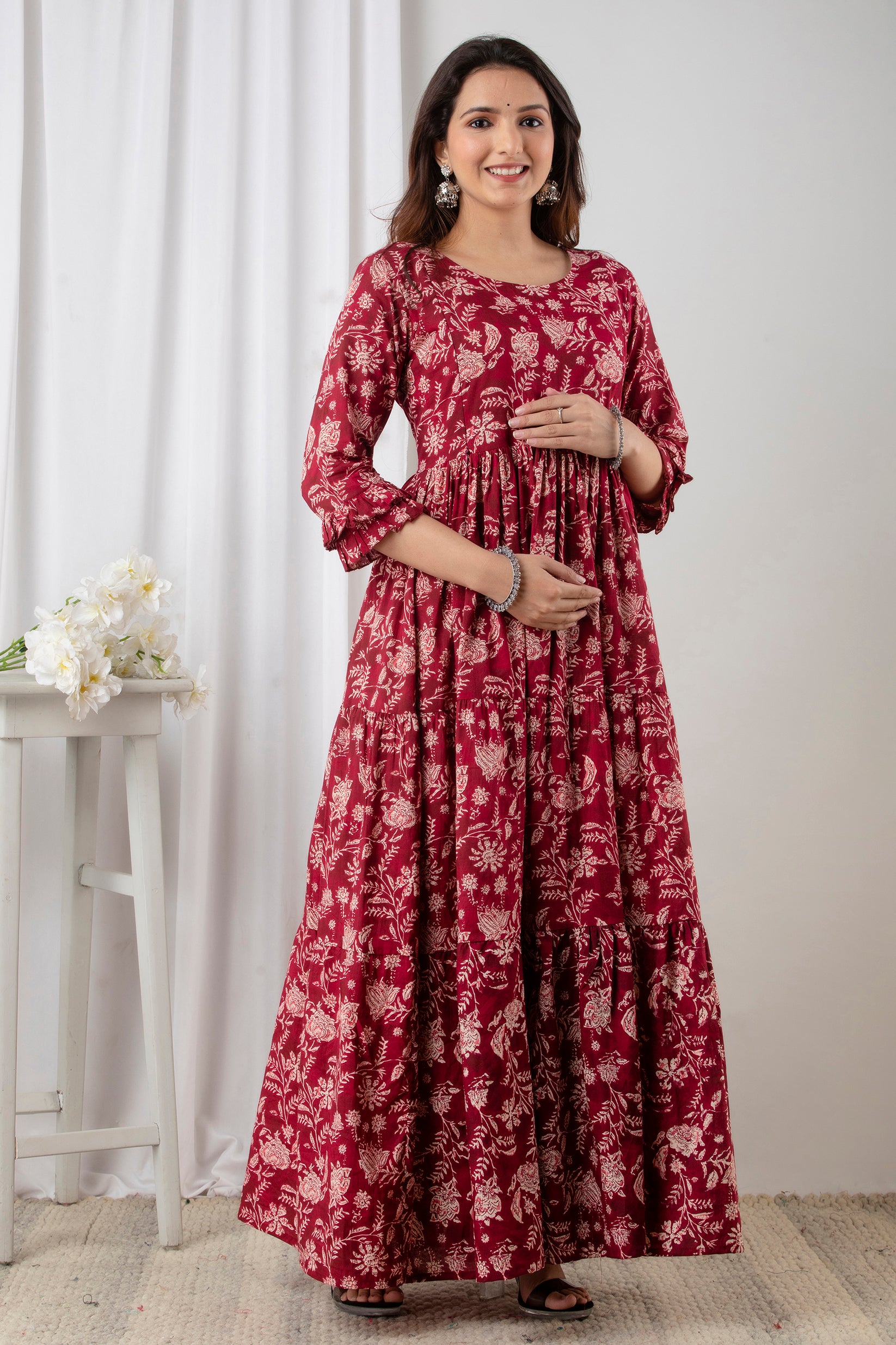 Maroon Floral Printed Cotton Maternity Anarkali Dress | Feeding Friendly | Comfortable Pregnancy Wear - HENAL
