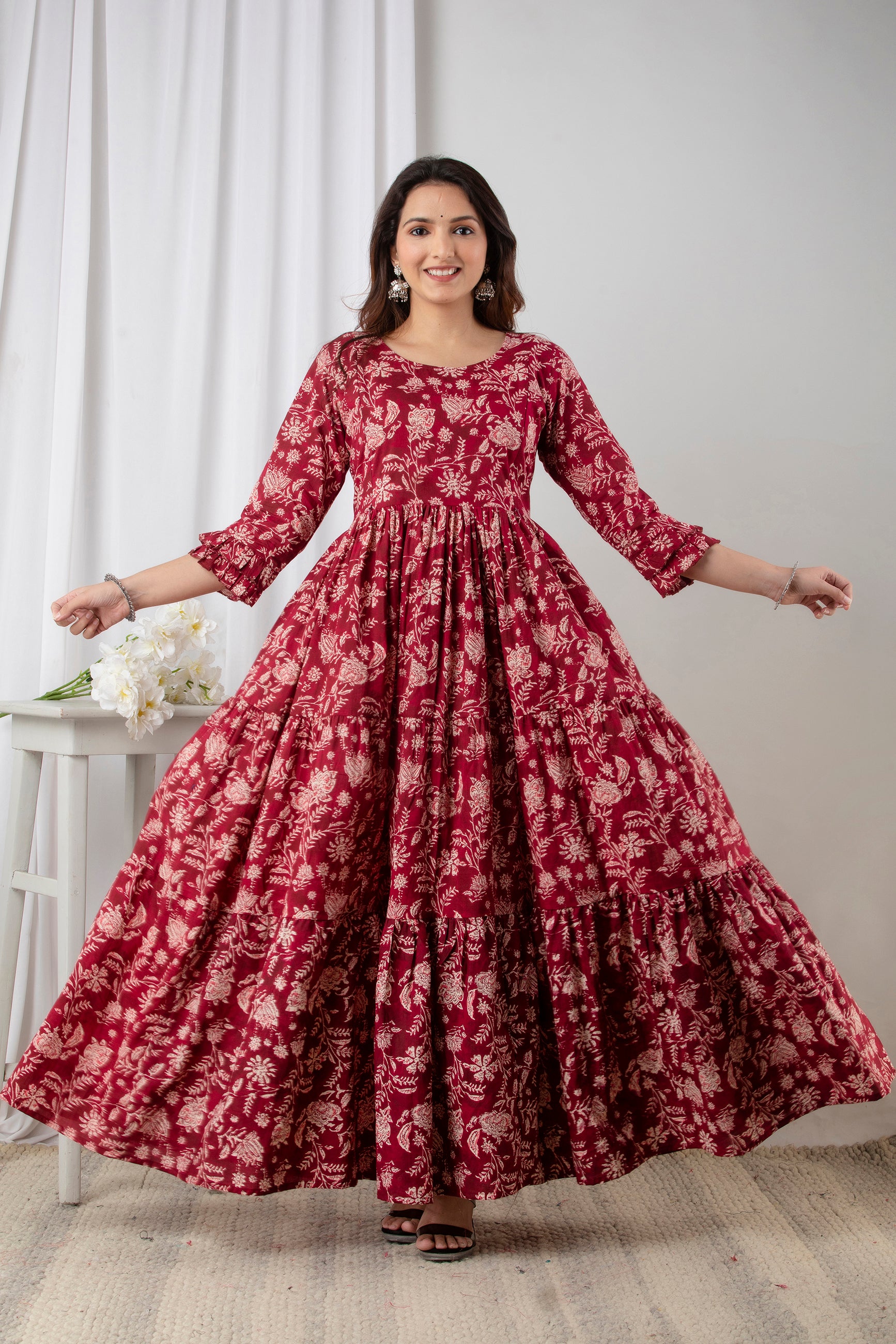 Maroon Floral Printed Cotton Maternity Anarkali Dress | Feeding Friendly | Comfortable Pregnancy Wear - HENAL