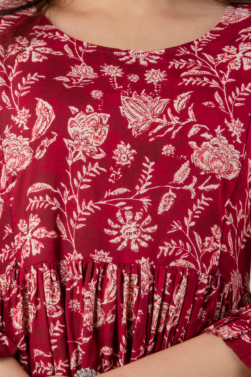 Maroon Floral Printed Cotton Maternity Anarkali Dress | Feeding Friendly | Comfortable Pregnancy Wear - HENAL