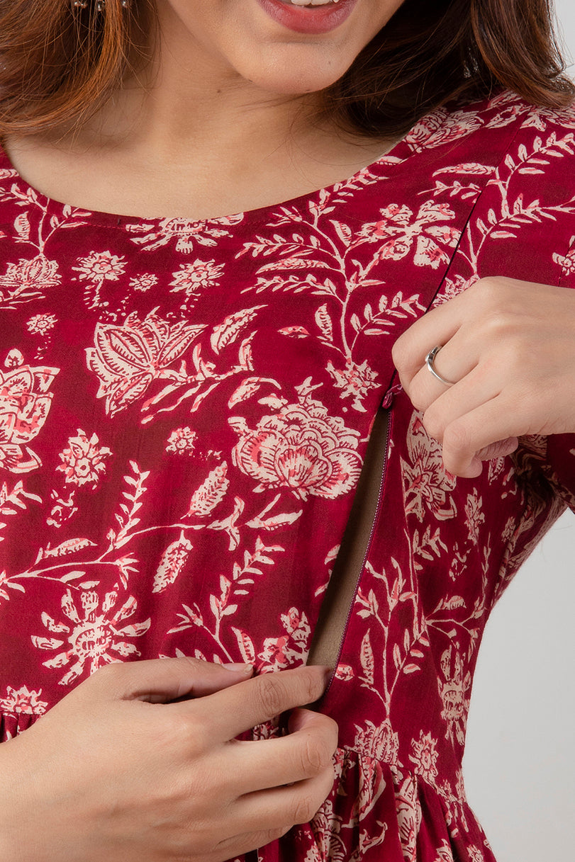 Maroon Floral Printed Cotton Maternity Anarkali Dress | Feeding Friendly | Comfortable Pregnancy Wear - HENAL