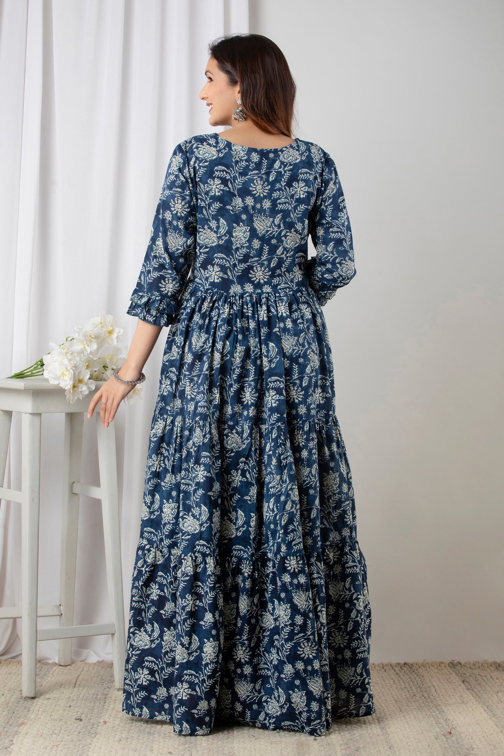Blue Floral Printed Cotton Maternity & Feeding Anarkali Dress | Dual Side Hidden Zips | Pregnancy Wear - HENAL