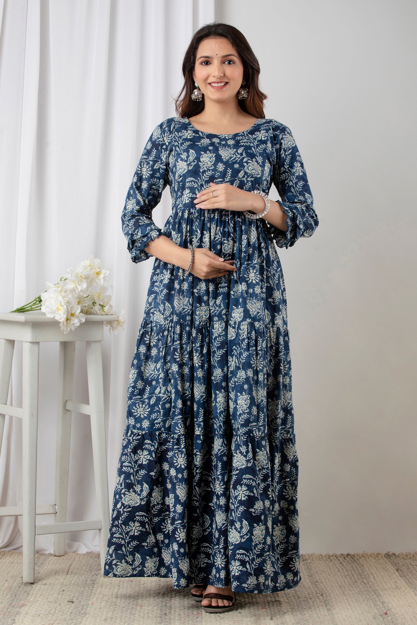 Blue Floral Printed Cotton Maternity & Feeding Anarkali Dress | Dual Side Hidden Zips | Pregnancy Wear - HENAL