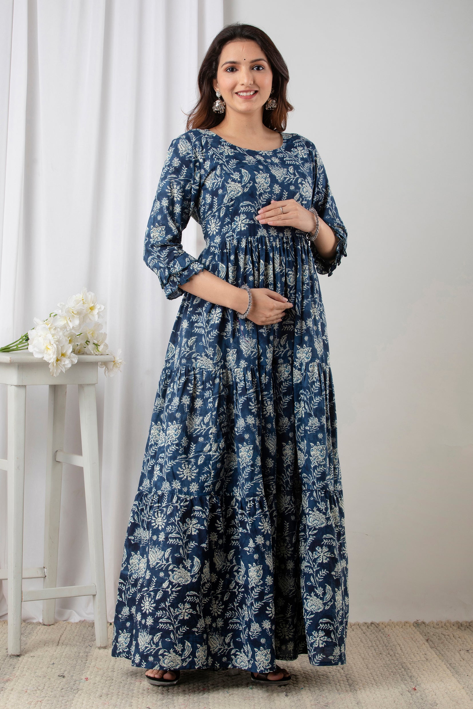 Blue Floral Printed Cotton Maternity & Feeding Anarkali Dress | Dual Side Hidden Zips | Pregnancy Wear - HENAL