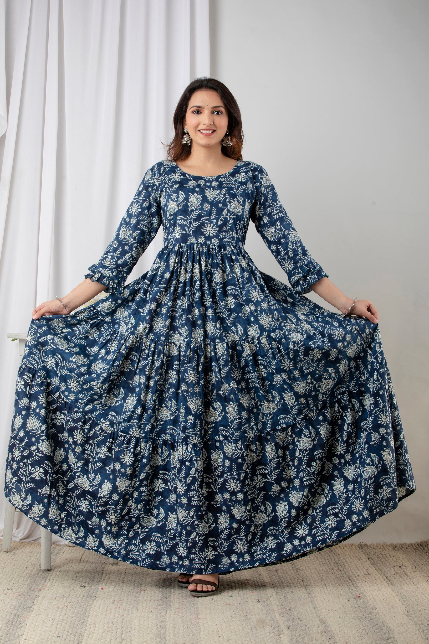 Blue Floral Printed Cotton Maternity & Feeding Anarkali Dress | Dual Side Hidden Zips | Pregnancy Wear - HENAL