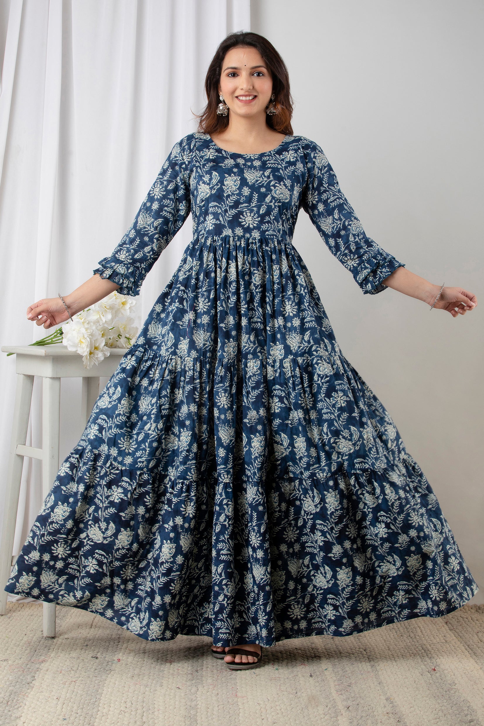 Blue Floral Printed Cotton Maternity & Feeding Anarkali Dress | Dual Side Hidden Zips | Pregnancy Wear - HENAL