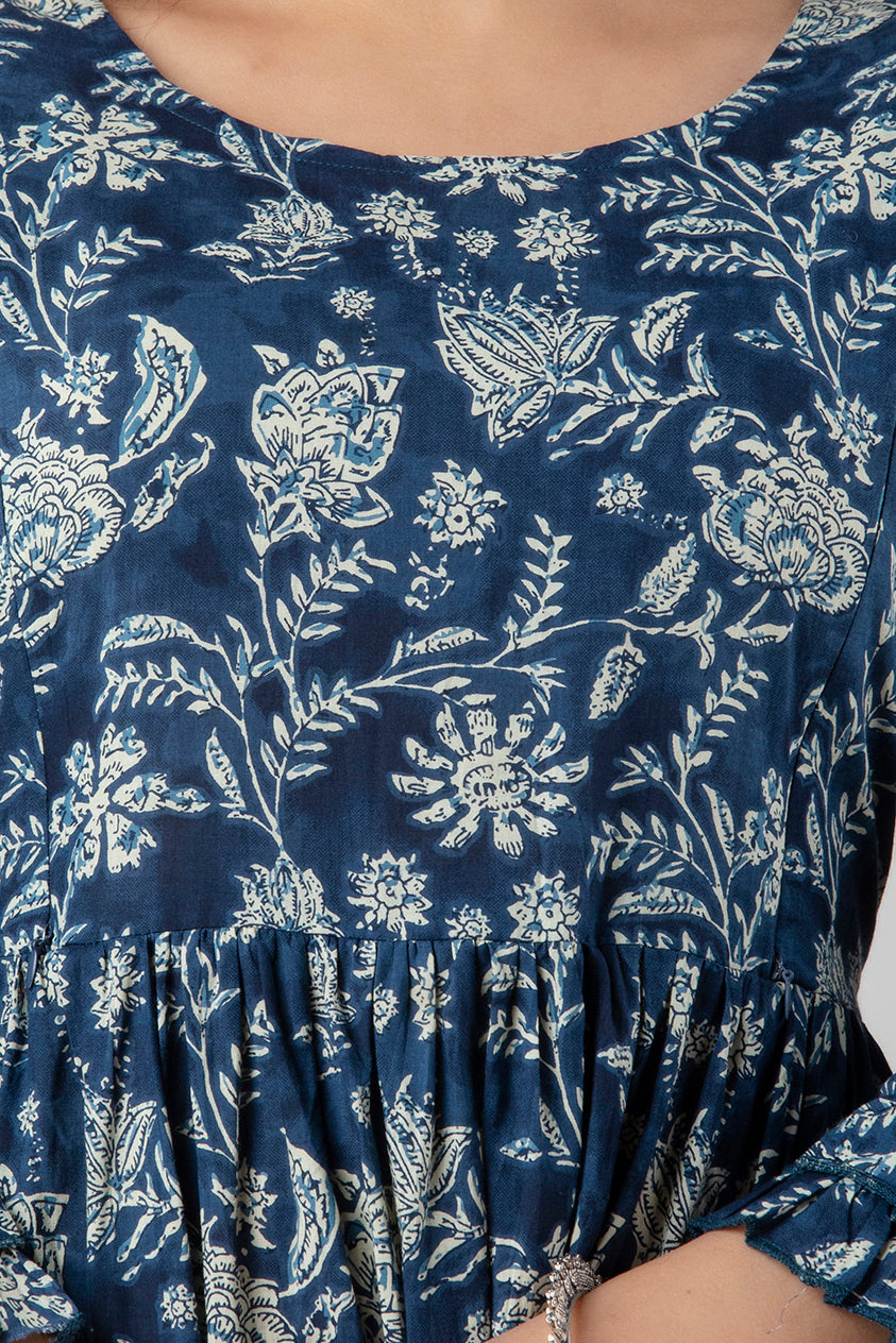 Blue Floral Printed Cotton Maternity & Feeding Anarkali Dress | Dual Side Hidden Zips | Pregnancy Wear - HENAL