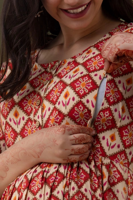 Red Beige Maternity Kurta