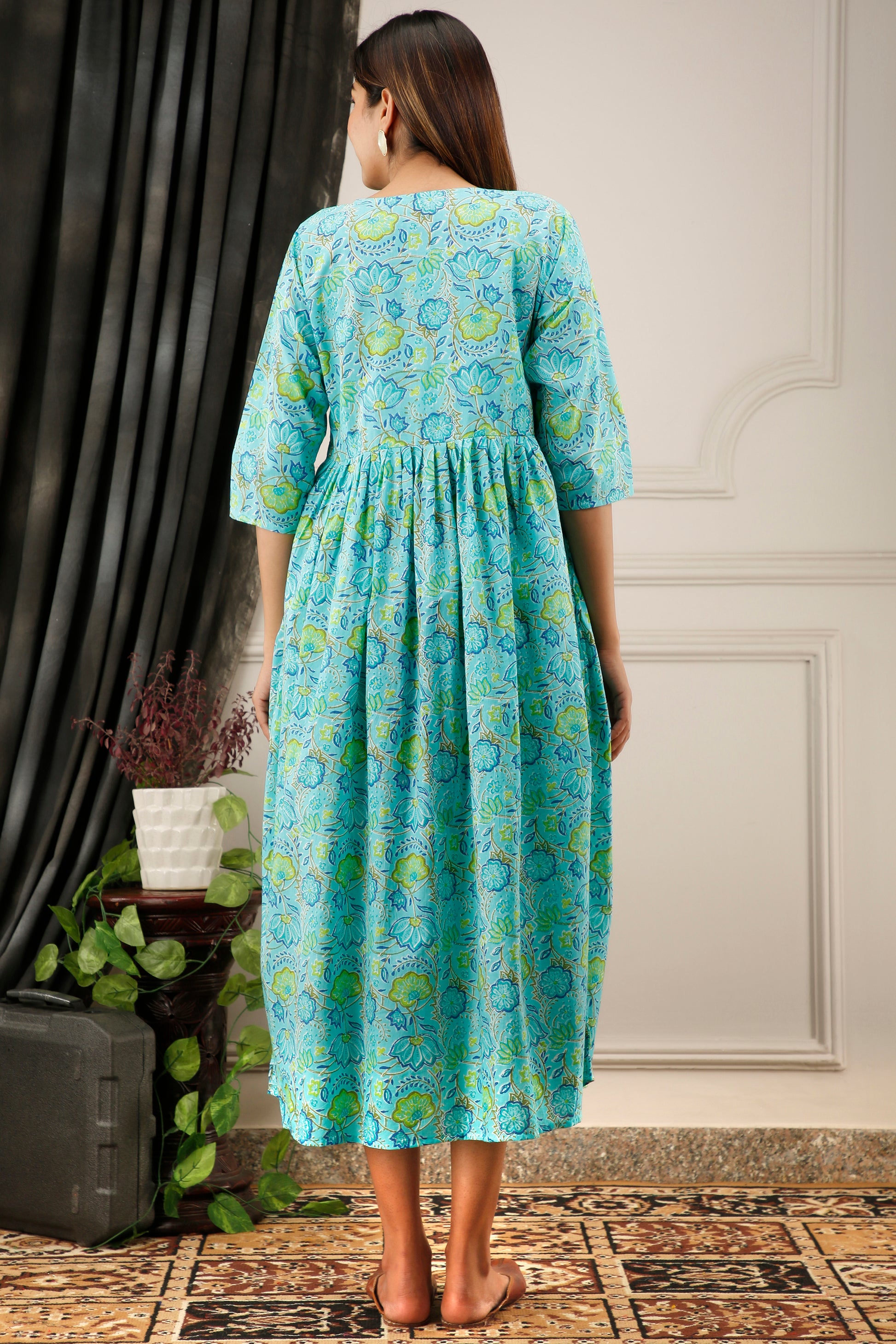 Turquoise Floral Printed Cotton Maternity Dress | Soft & Comfortable Pregnancy Wear - HENAL
