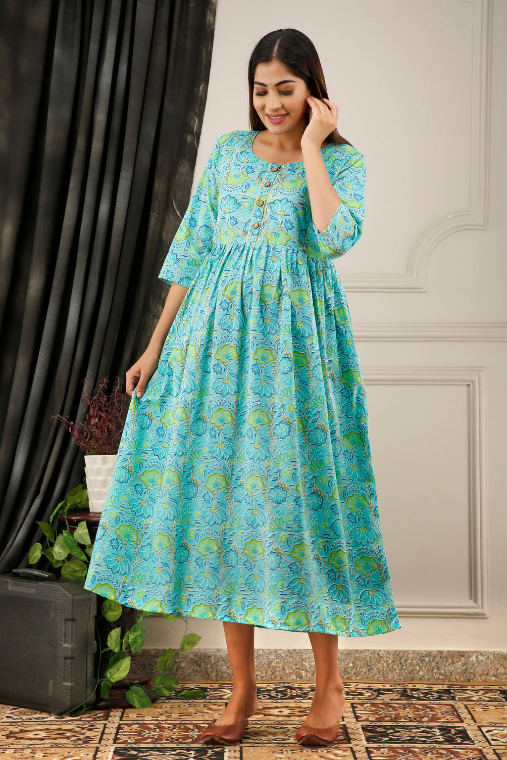 Blue-Green Print Maternity Kurta or Gown