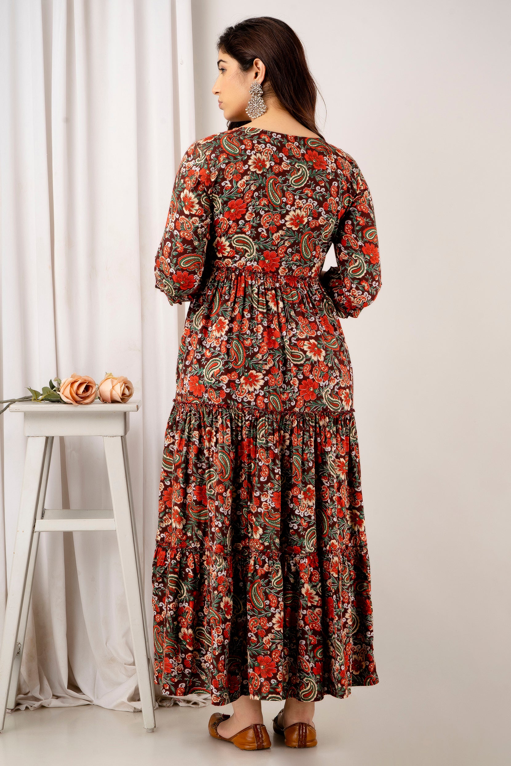 Red & Green Floral Cotton Maternity Dress | Feeding Friendly Comfortable Pregnancy Wear - HENAL