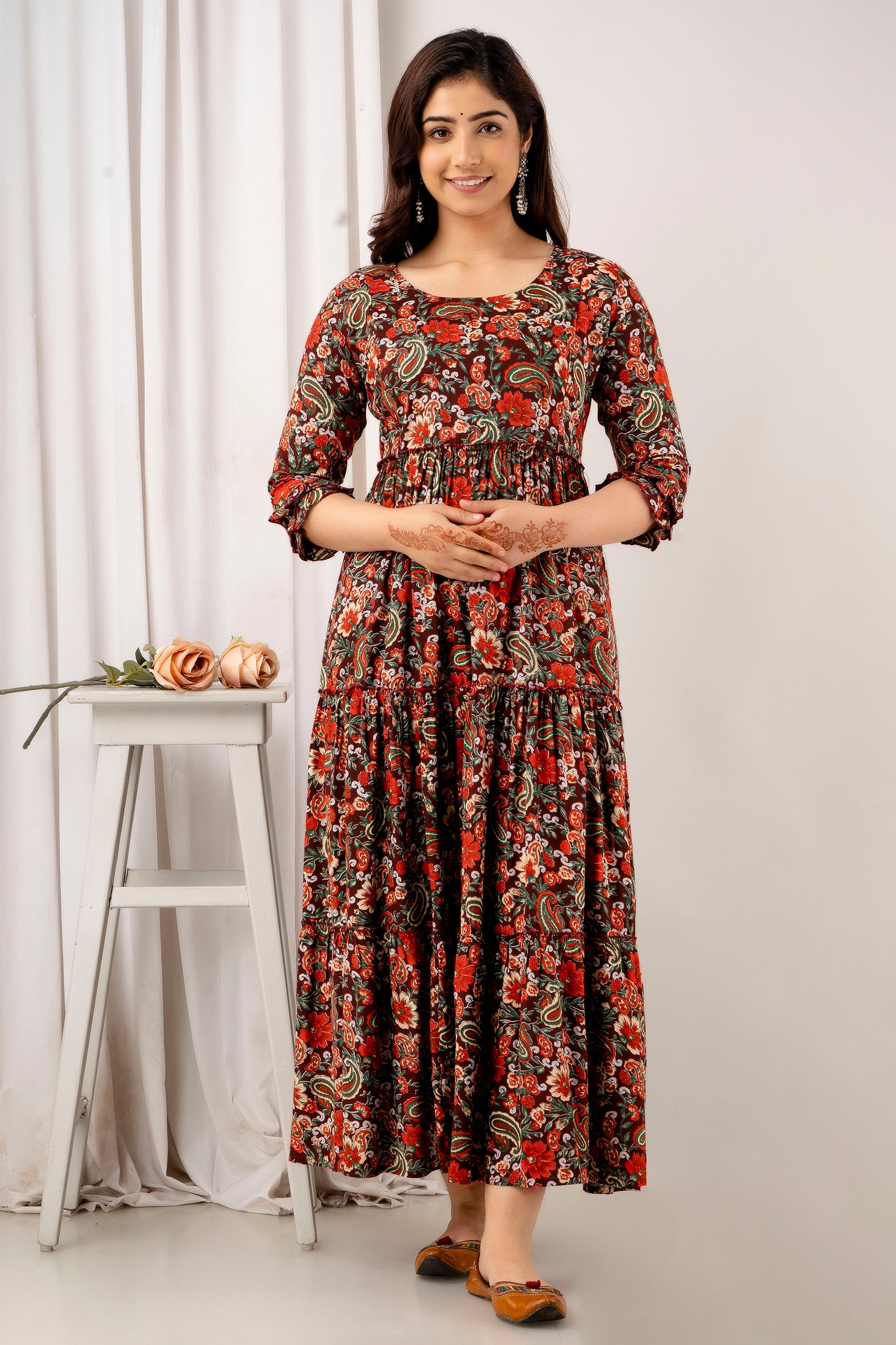 Red & Green Floral Cotton Maternity Dress | Feeding Friendly Comfortable Pregnancy Wear - HENAL