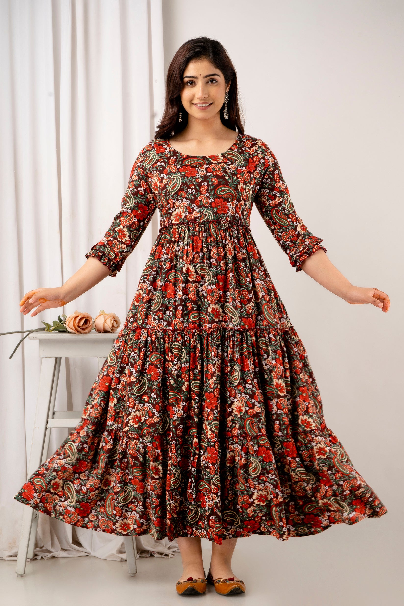 Red & Green Floral Cotton Maternity Dress | Feeding Friendly Comfortable Pregnancy Wear - HENAL