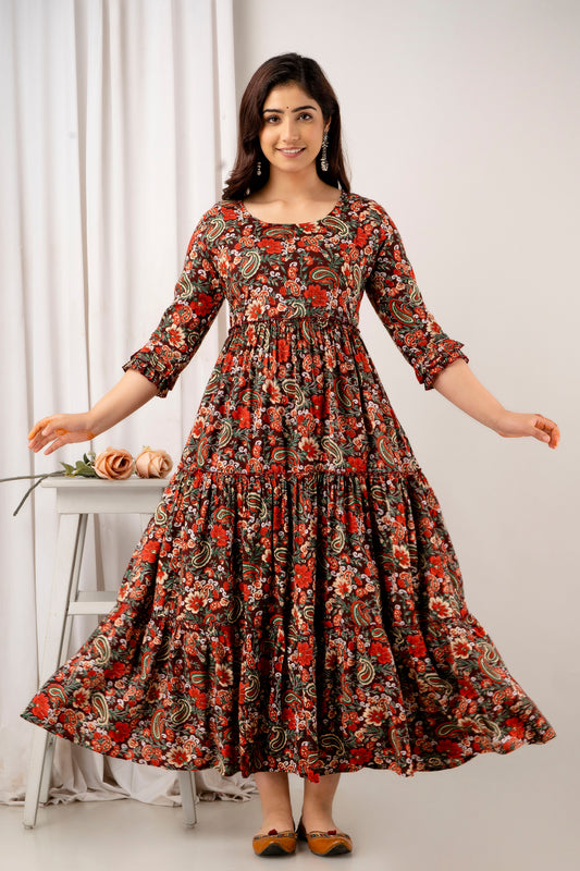 Red & Green Floral Cotton Maternity Dress | Feeding Friendly Comfortable Pregnancy Wear - HENAL
