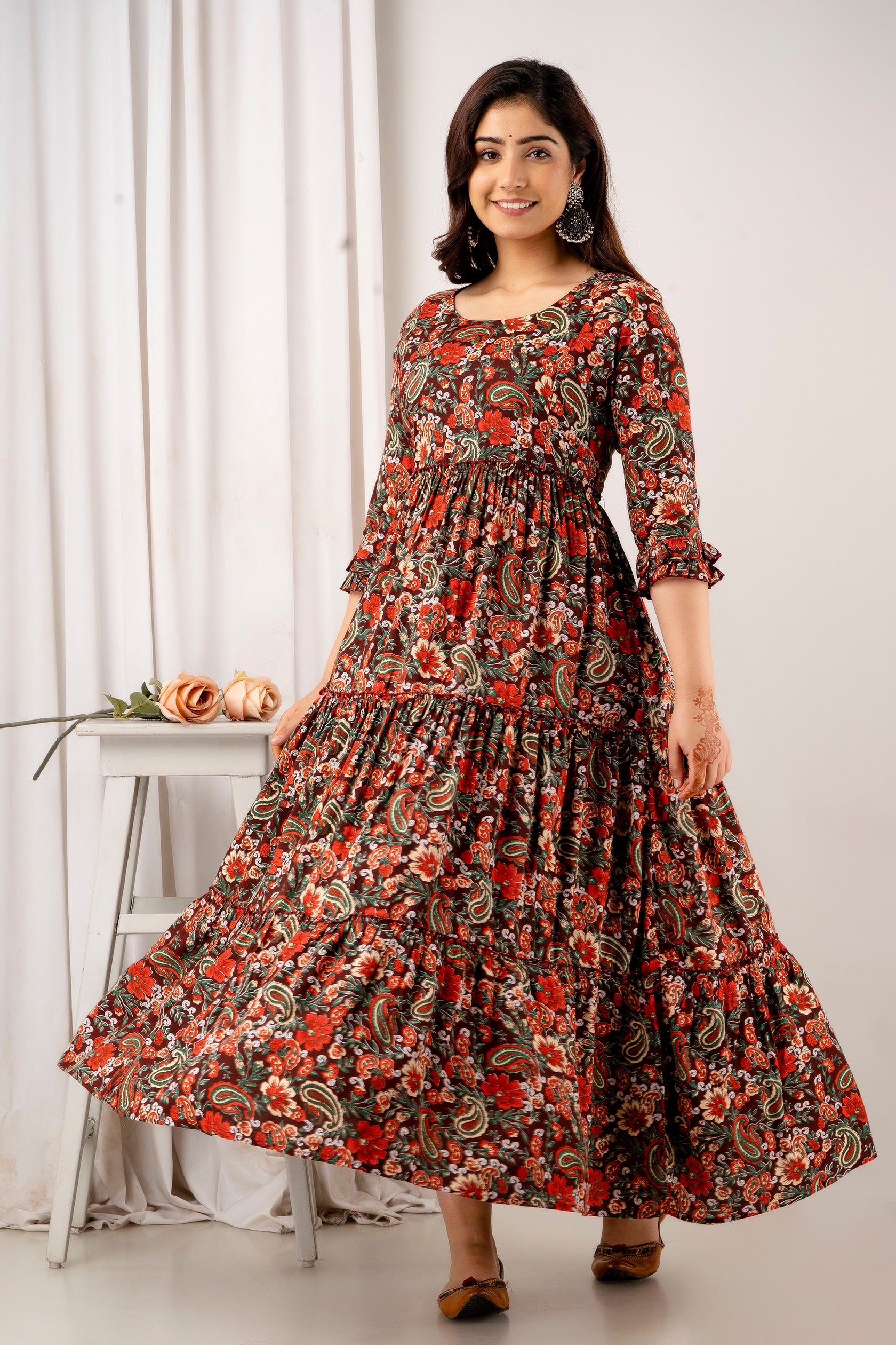 Red & Green Floral Cotton Maternity Dress | Feeding Friendly Comfortable Pregnancy Wear - HENAL