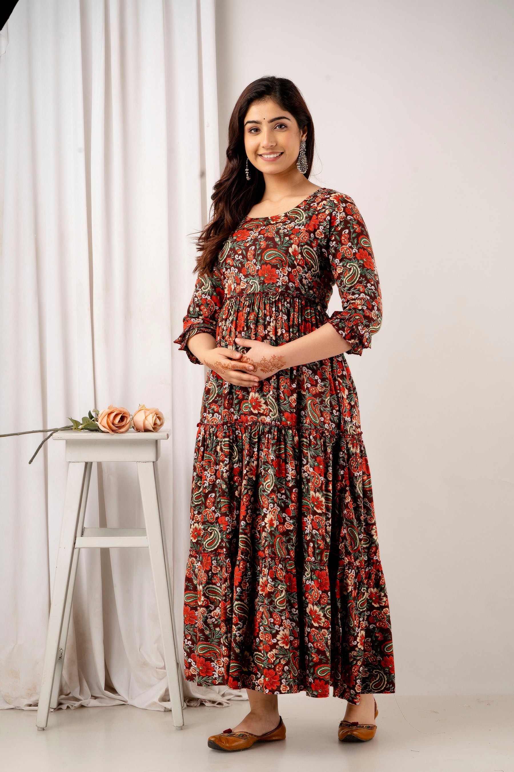 Red & Green Floral Cotton Maternity Dress | Feeding Friendly Comfortable Pregnancy Wear - HENAL