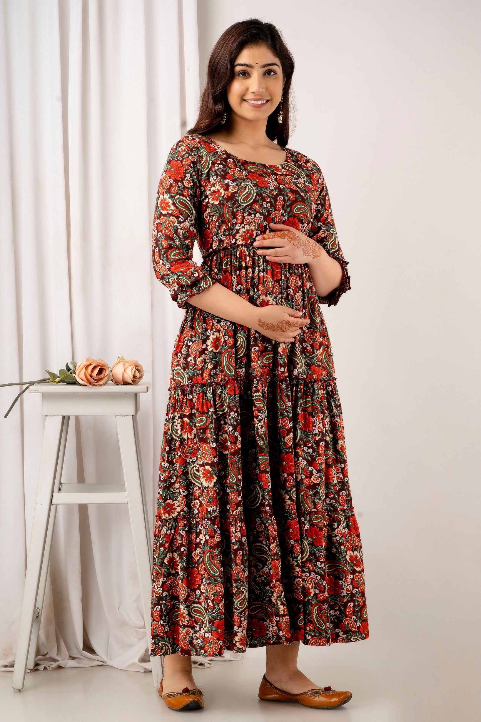 Red & Green Floral Cotton Maternity Dress | Feeding Friendly Comfortable Pregnancy Wear - HENAL