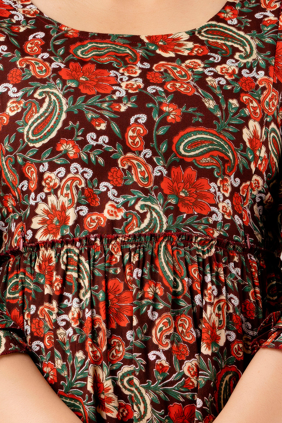 Red & Green Floral Cotton Maternity Dress | Feeding Friendly Comfortable Pregnancy Wear - HENAL