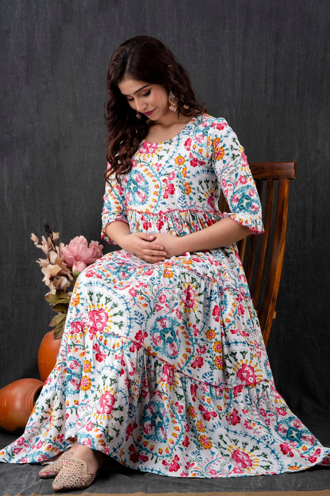 White Floral Pure Cotton Maternity Dress | Feeding Friendly Comfortable Pregnancy Wear - HENAL