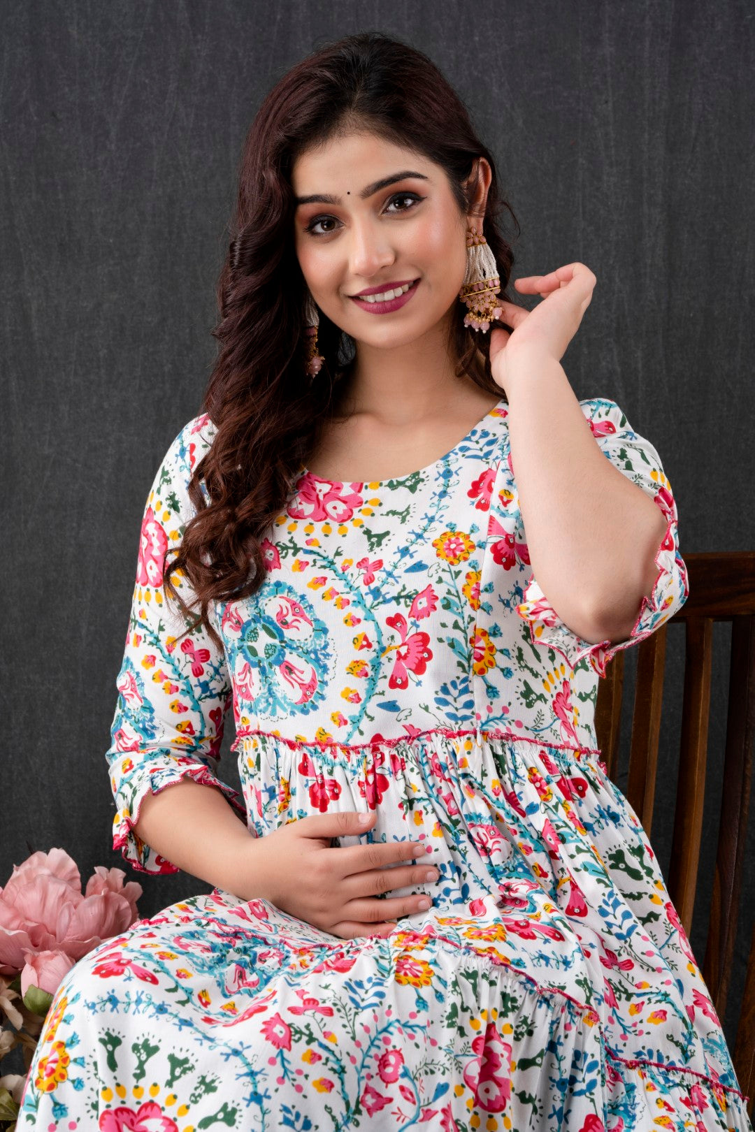 White Floral Pure Cotton Maternity Dress | Feeding Friendly Comfortable Pregnancy Wear - HENAL