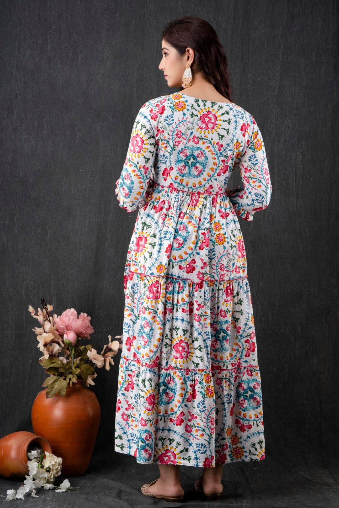 White Floral Pure Cotton Maternity Dress | Feeding Friendly Comfortable Pregnancy Wear - HENAL