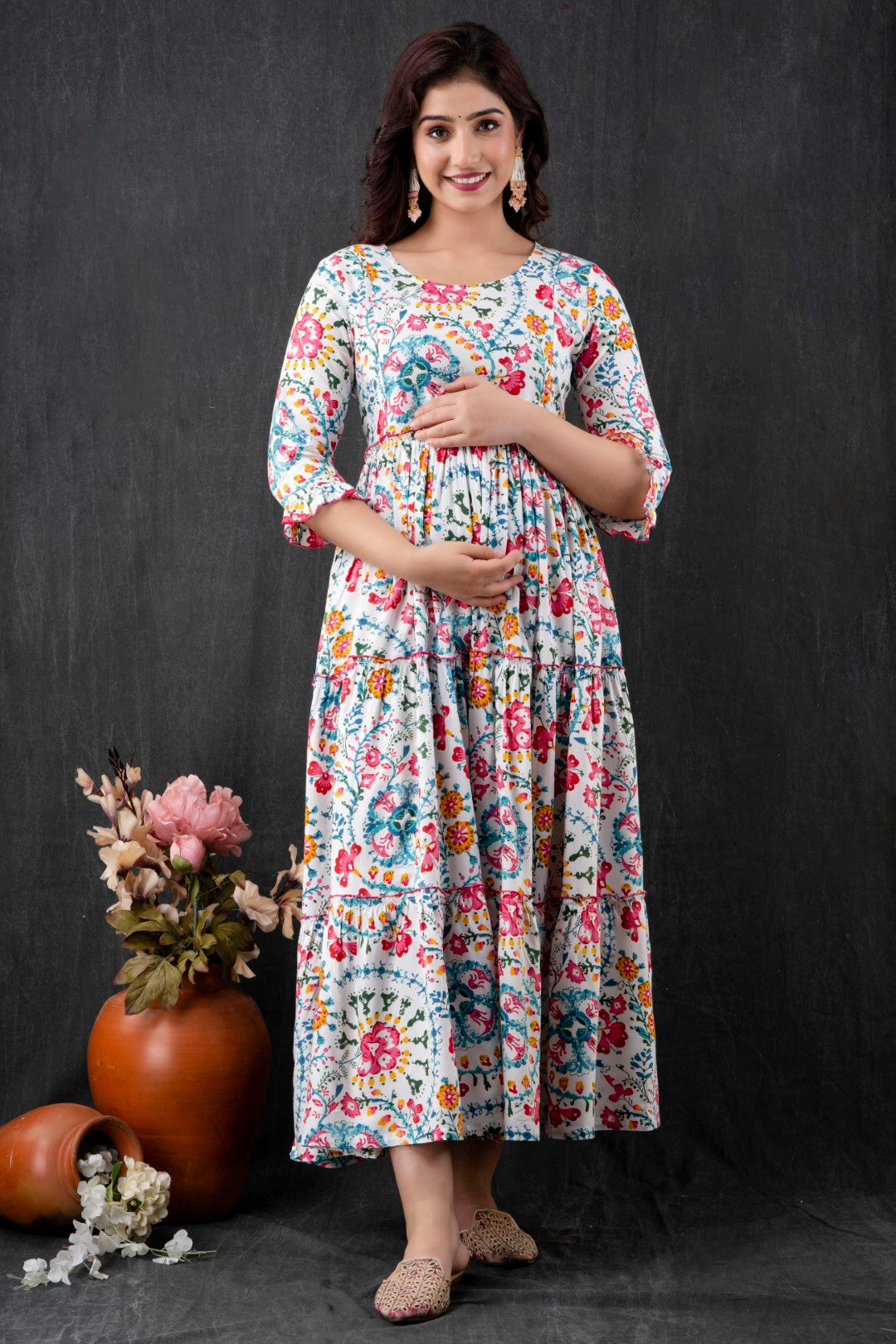 White Floral Pure Cotton Maternity Dress | Feeding Friendly Comfortable Pregnancy Wear - HENAL