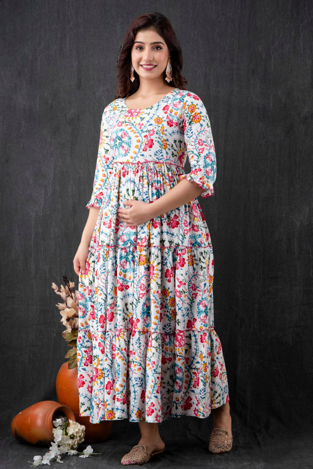 White Floral Pure Cotton Maternity Dress | Feeding Friendly Comfortable Pregnancy Wear - HENAL