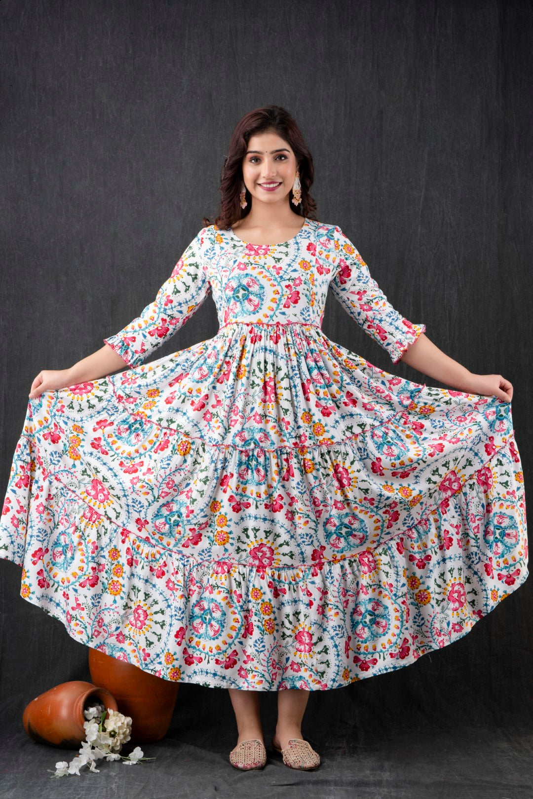 White Floral Pure Cotton Maternity Dress | Feeding Friendly Comfortable Pregnancy Wear - HENAL