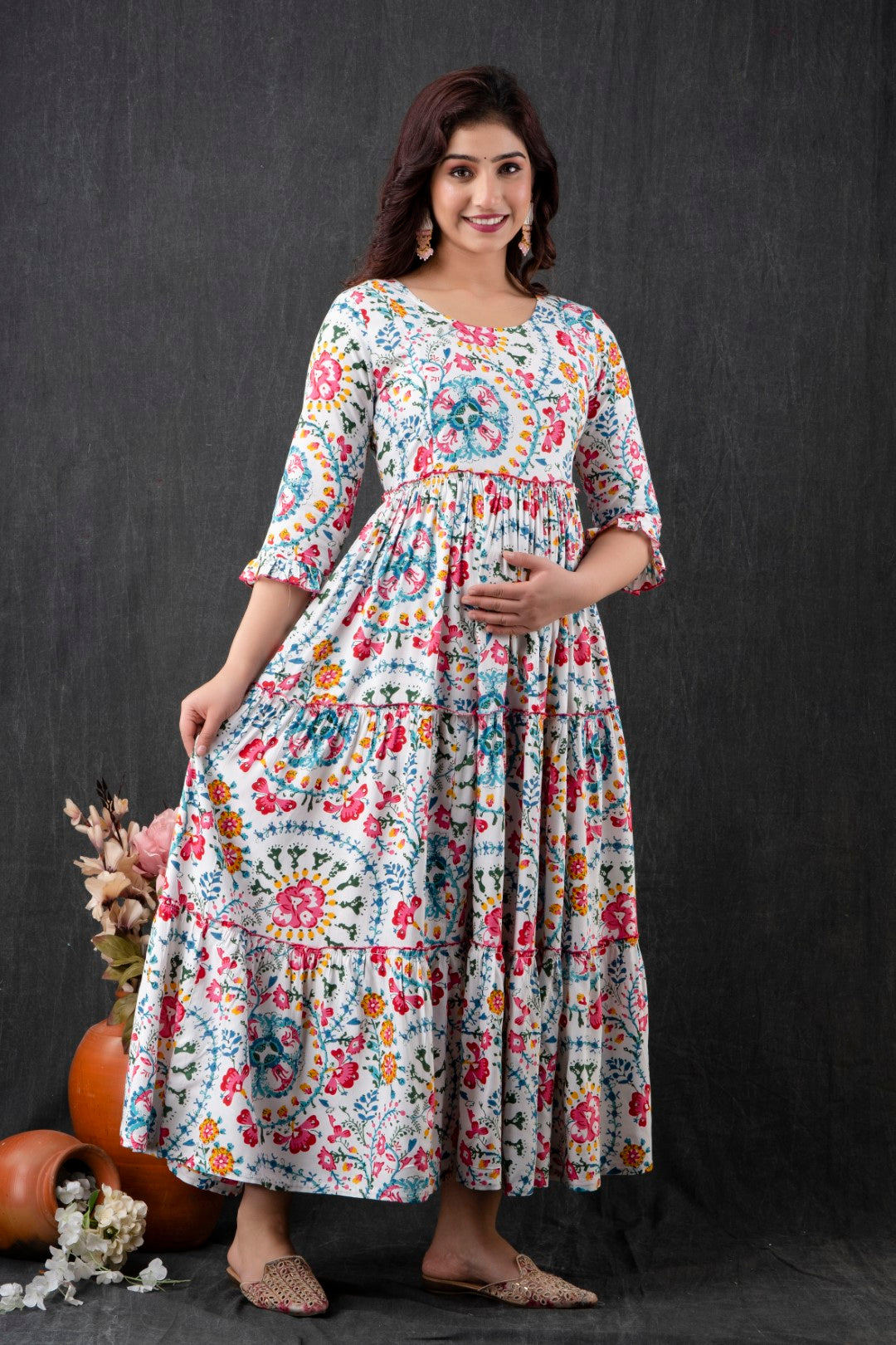 White Floral Pure Cotton Maternity Dress | Feeding Friendly Comfortable Pregnancy Wear - HENAL