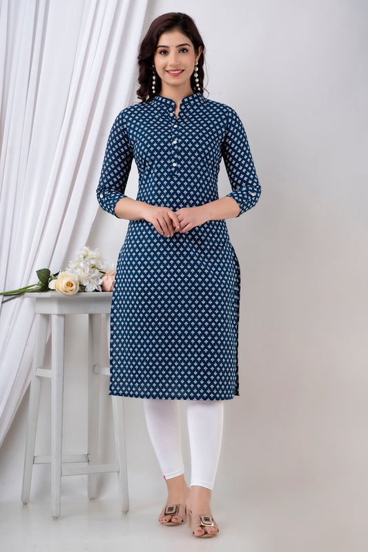 Women Cotton Printed Straight Kurta | Blue Ethnic Kurti with 3/4th Sleeves | Daily & Office Wear