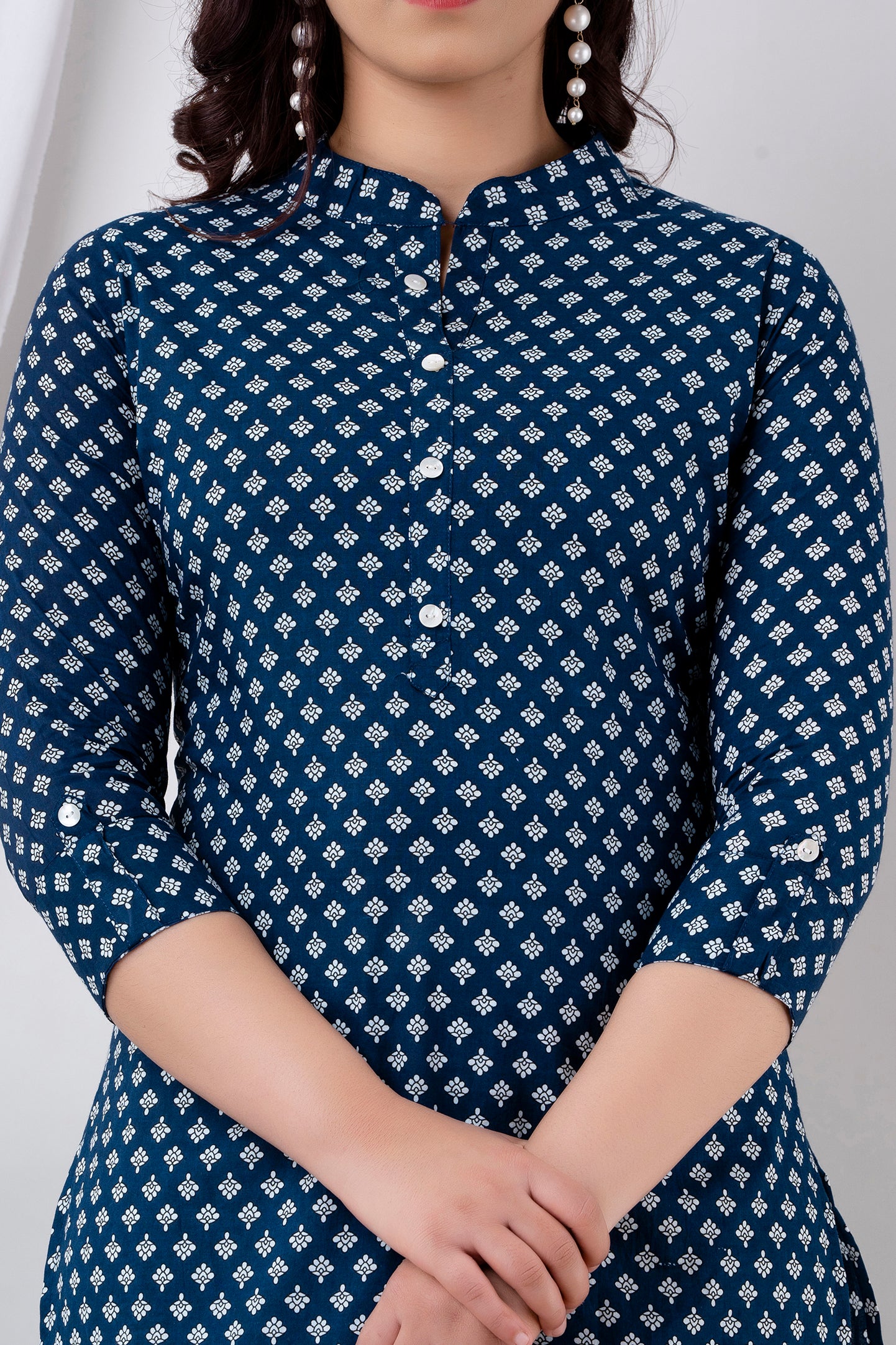 Navy Blue Printed Cotton Straight Kurta for Women - HENAL