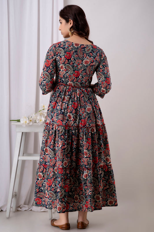 Dark Floral Printed Cotton Maternity Dress | Feeding Friendly Pregnancy Wear - HENAL