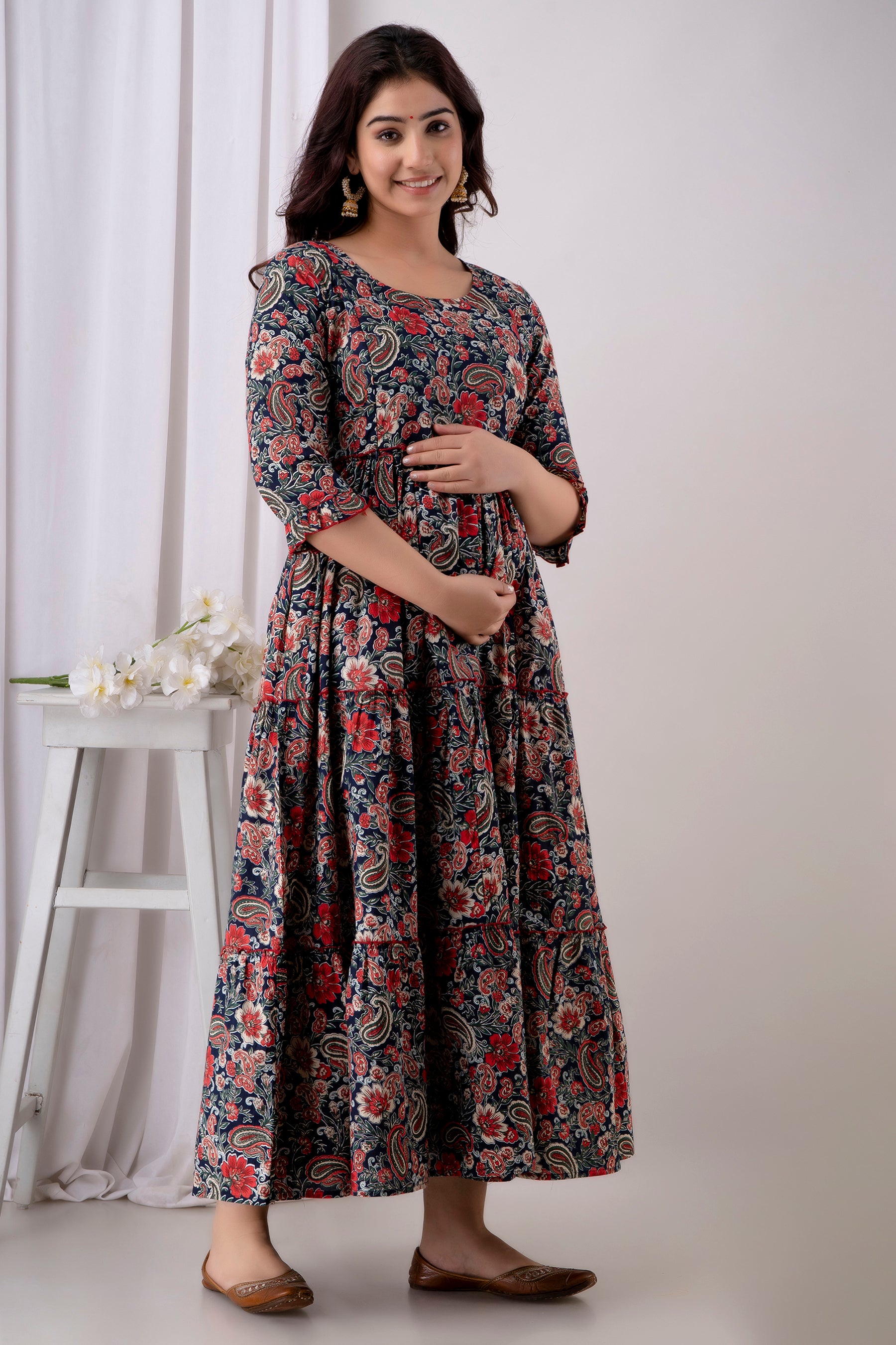 Dark Floral Printed Cotton Maternity Dress | Feeding Friendly Pregnancy Wear - HENAL