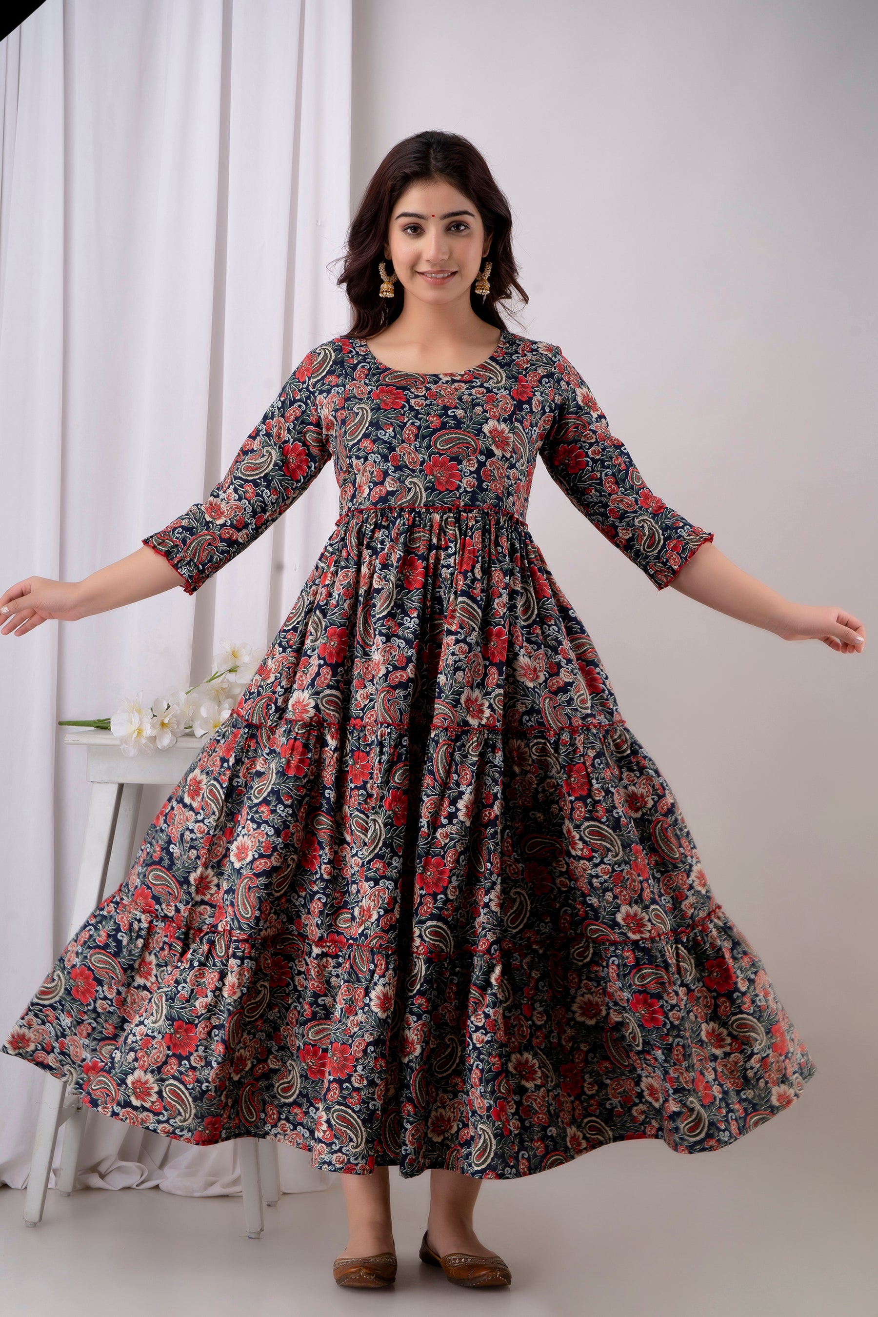 Dark Floral Printed Cotton Maternity Dress | Feeding Friendly Pregnancy Wear - HENAL