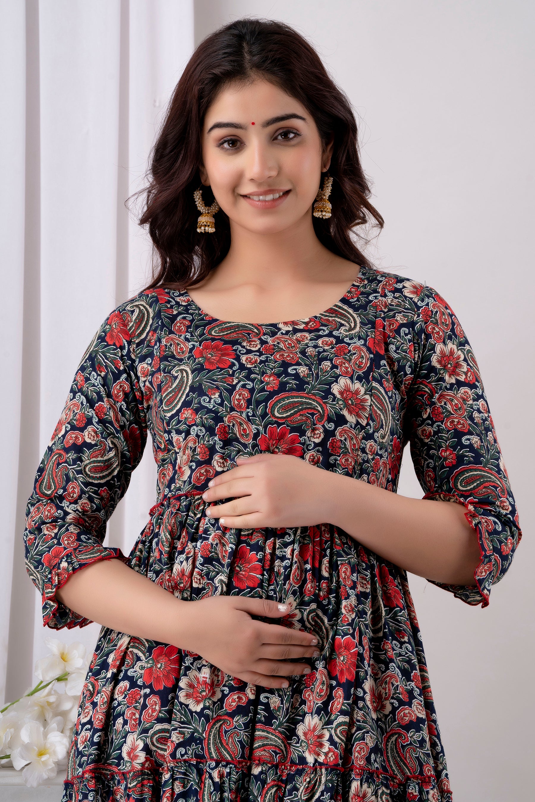 Dark Floral Printed Cotton Maternity Dress | Feeding Friendly Pregnancy Wear - HENAL