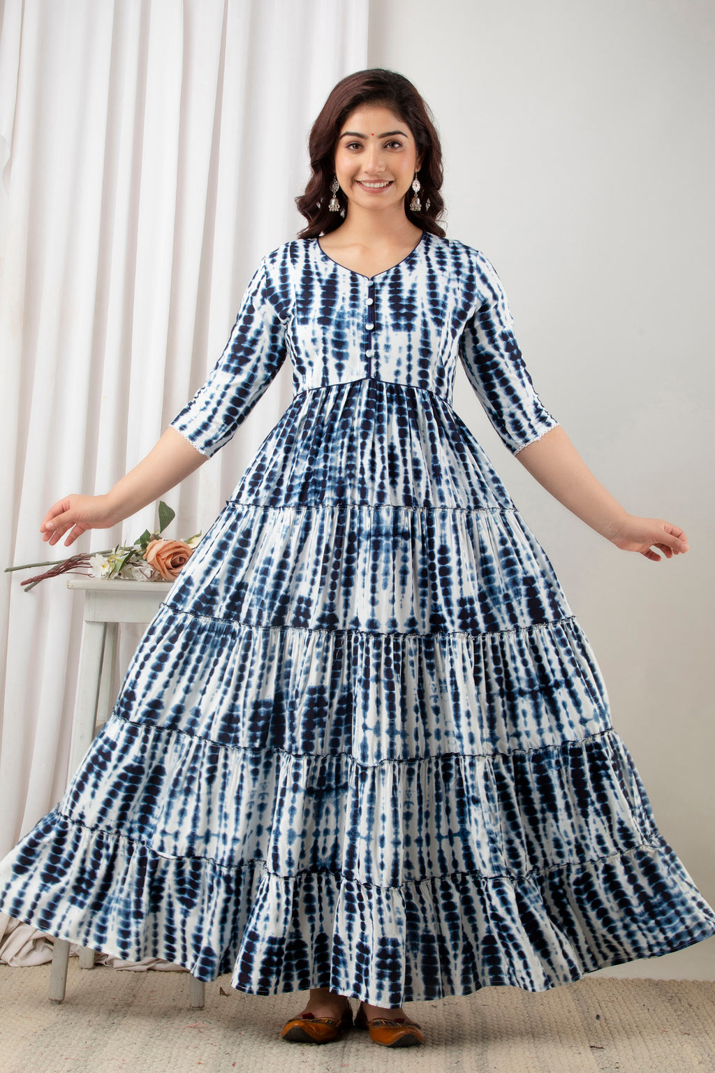 HENAL G-H380 blue and white tie-dye maternity gown: front full-length spread-skirt view.